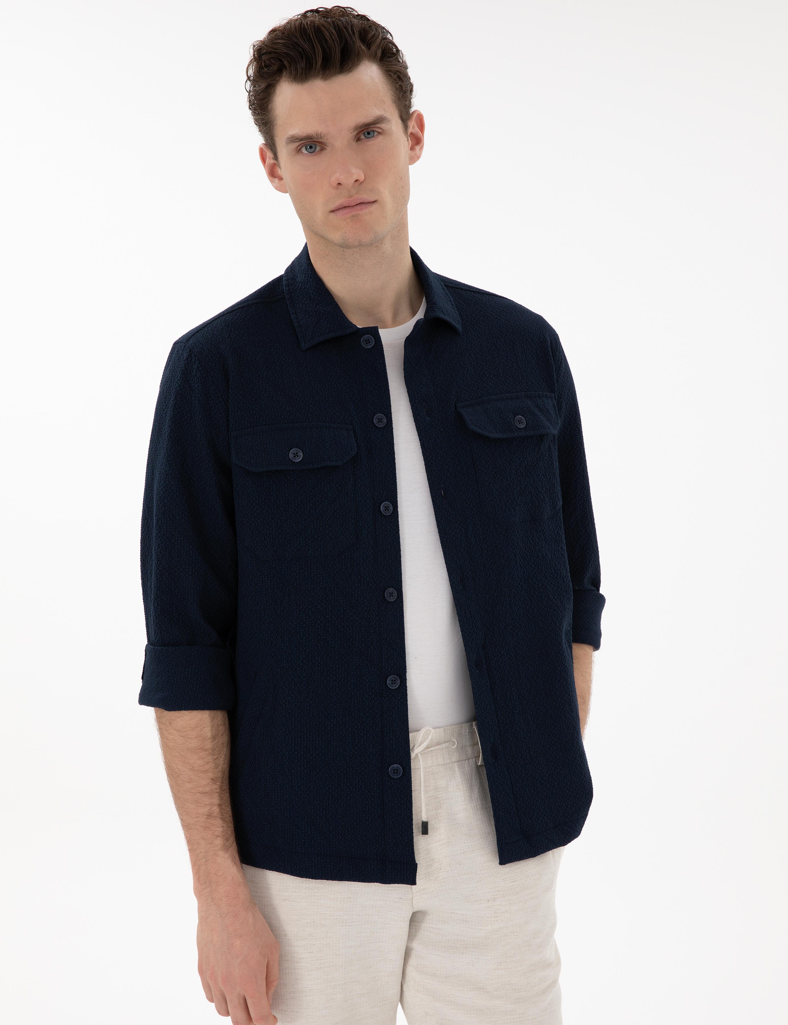 Lacivert Rahat Kalıp Uzun Kollu Gömlek