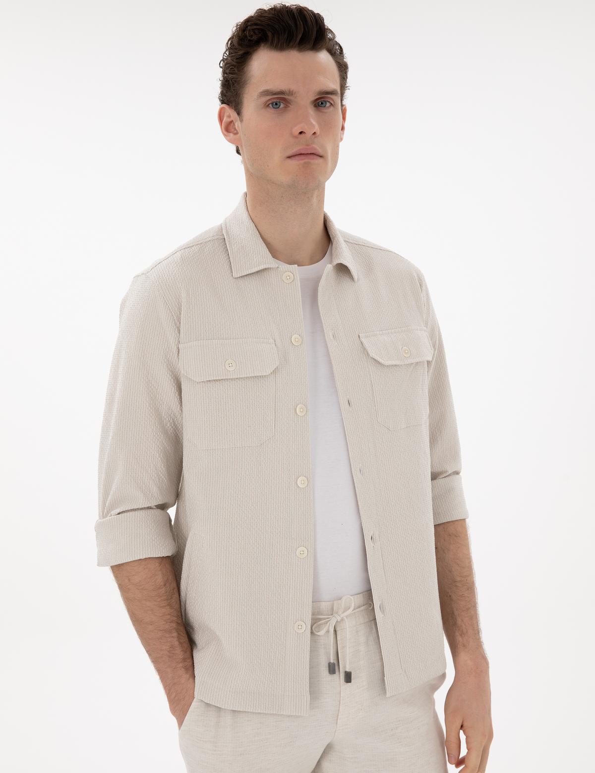 Bej Rahat Kalıp Uzun Kollu Gömlek - 50304593025