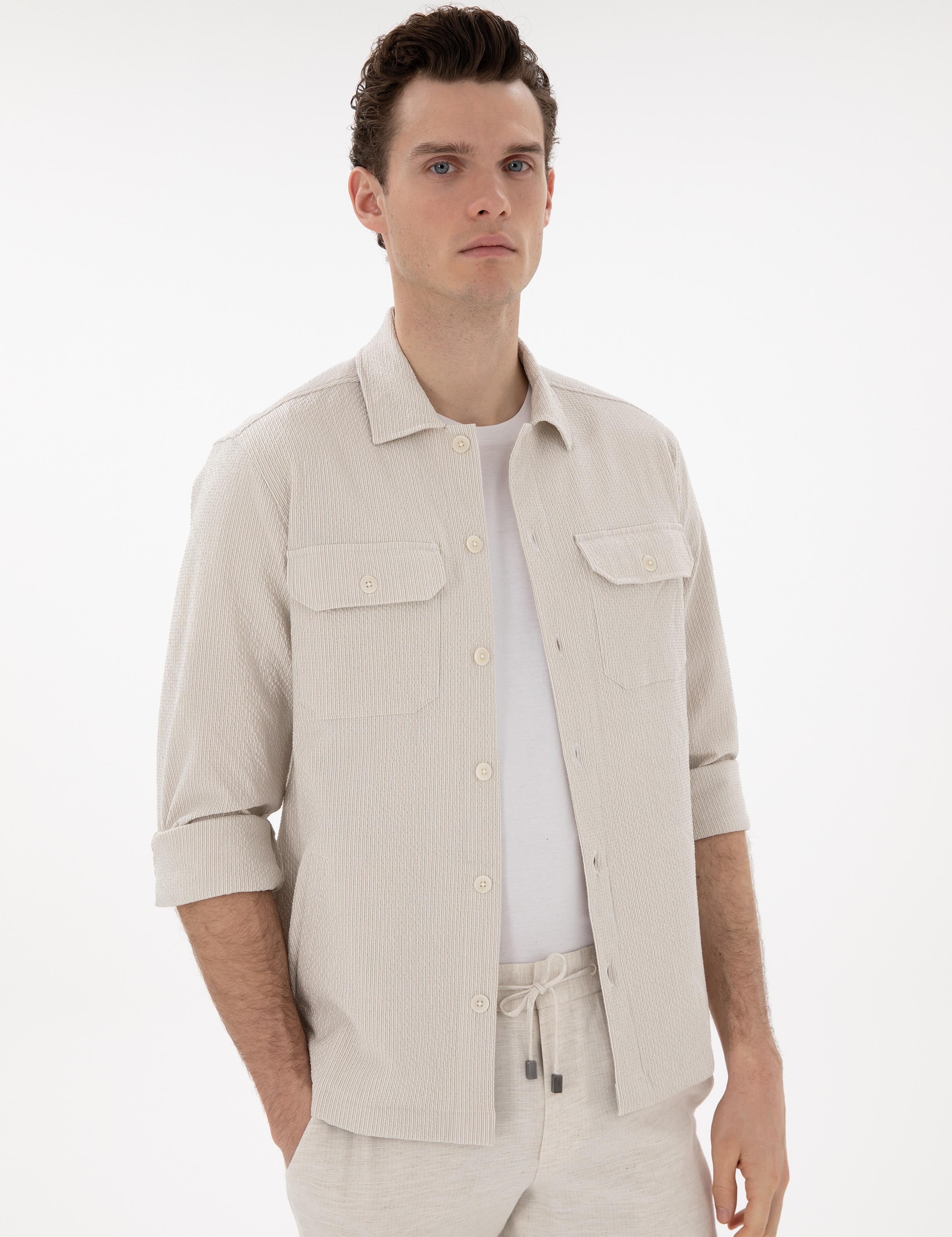 Bej Rahat Kalıp Uzun Kollu Gömlek