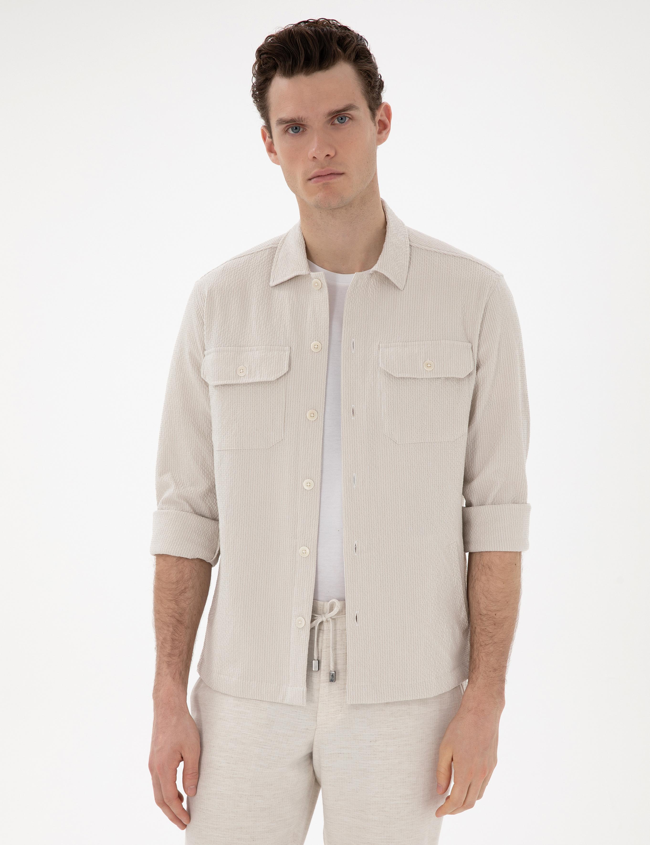 Bej Rahat Kalıp Uzun Kollu Gömlek