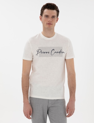 Ekru Slim Fit Bisiklet Yaka Tişört