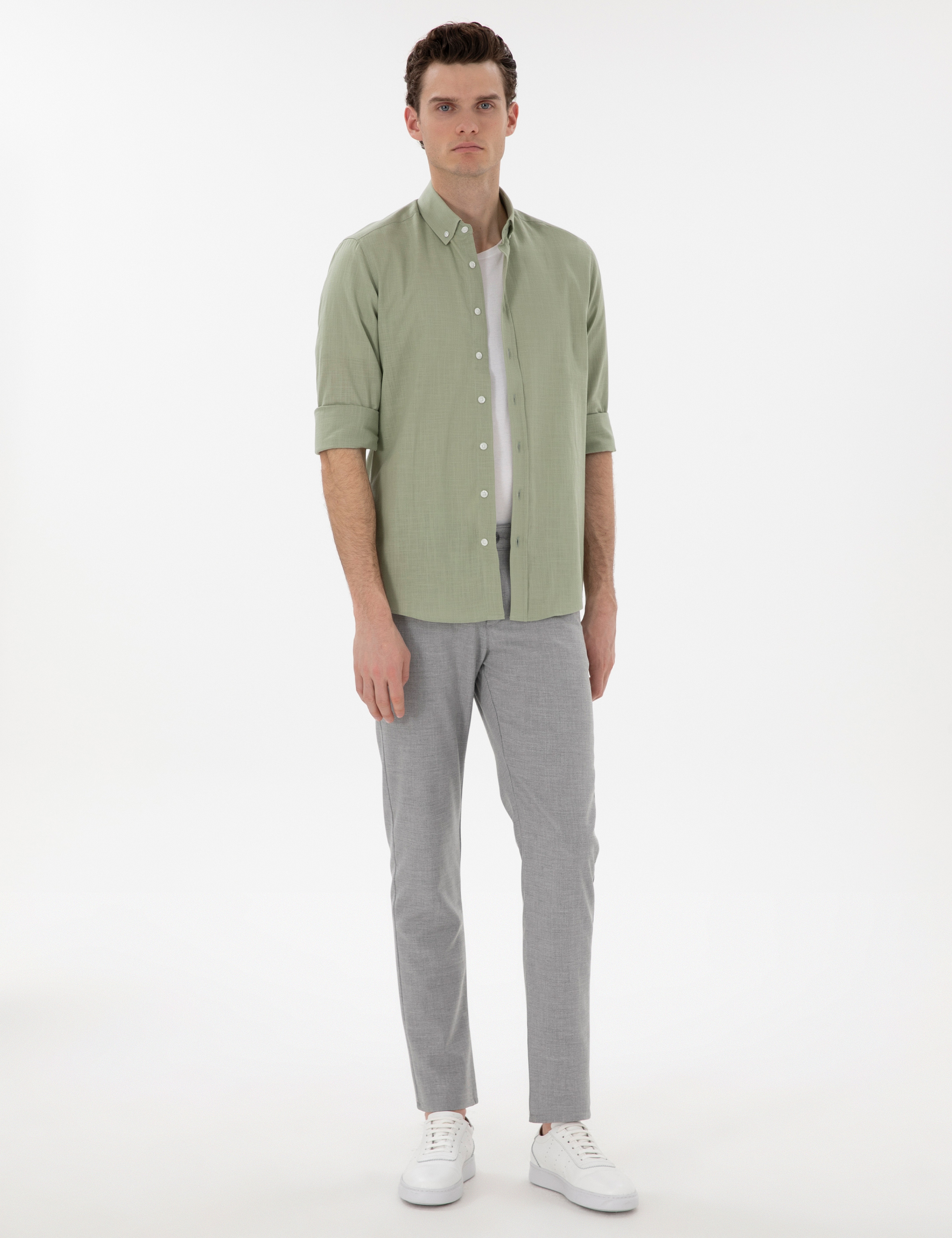 Çağla Slim Fit Keten Görünümlü Gömlek - Image 4