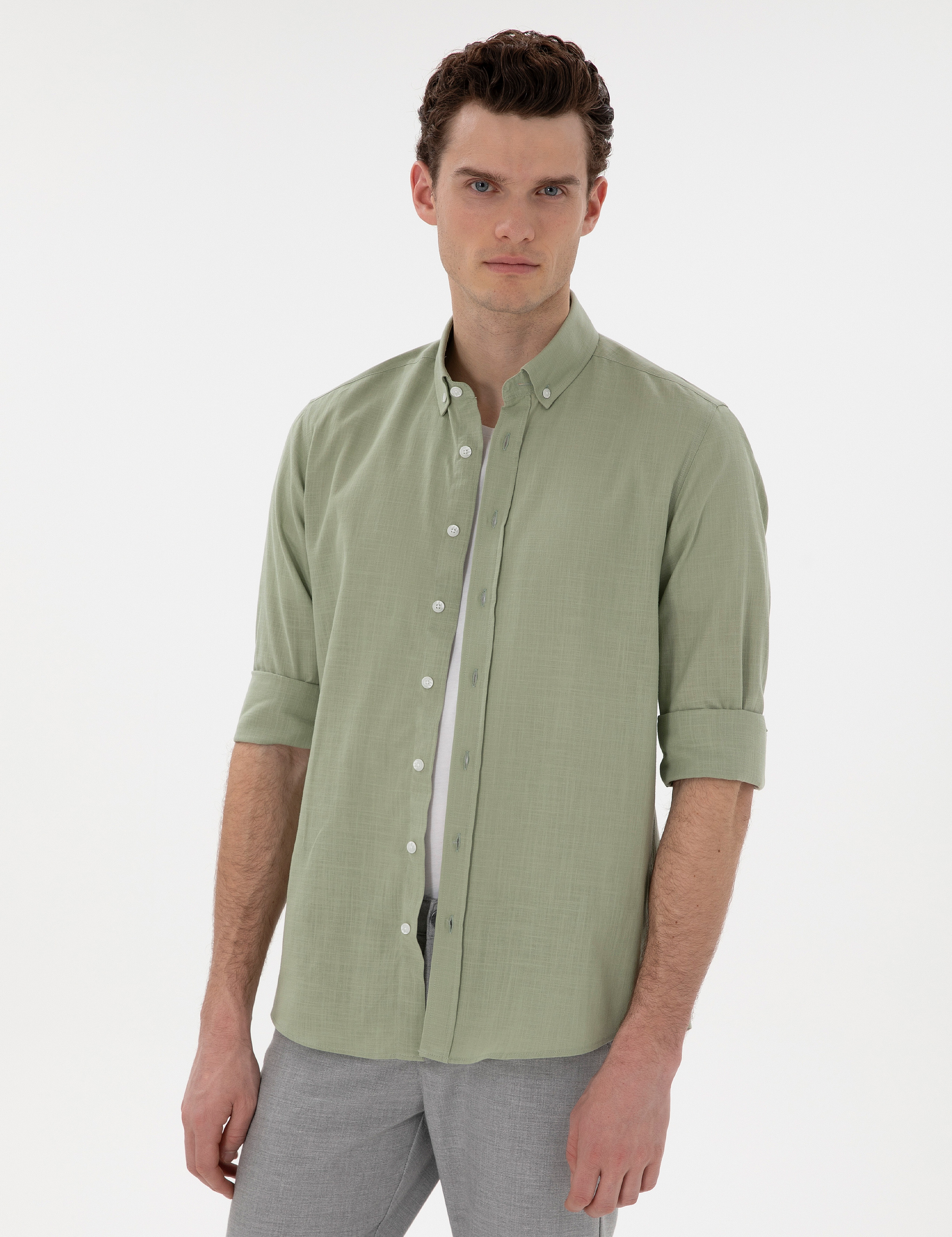 Çağla Slim Fit Keten Görünümlü Gömlek - Image 1