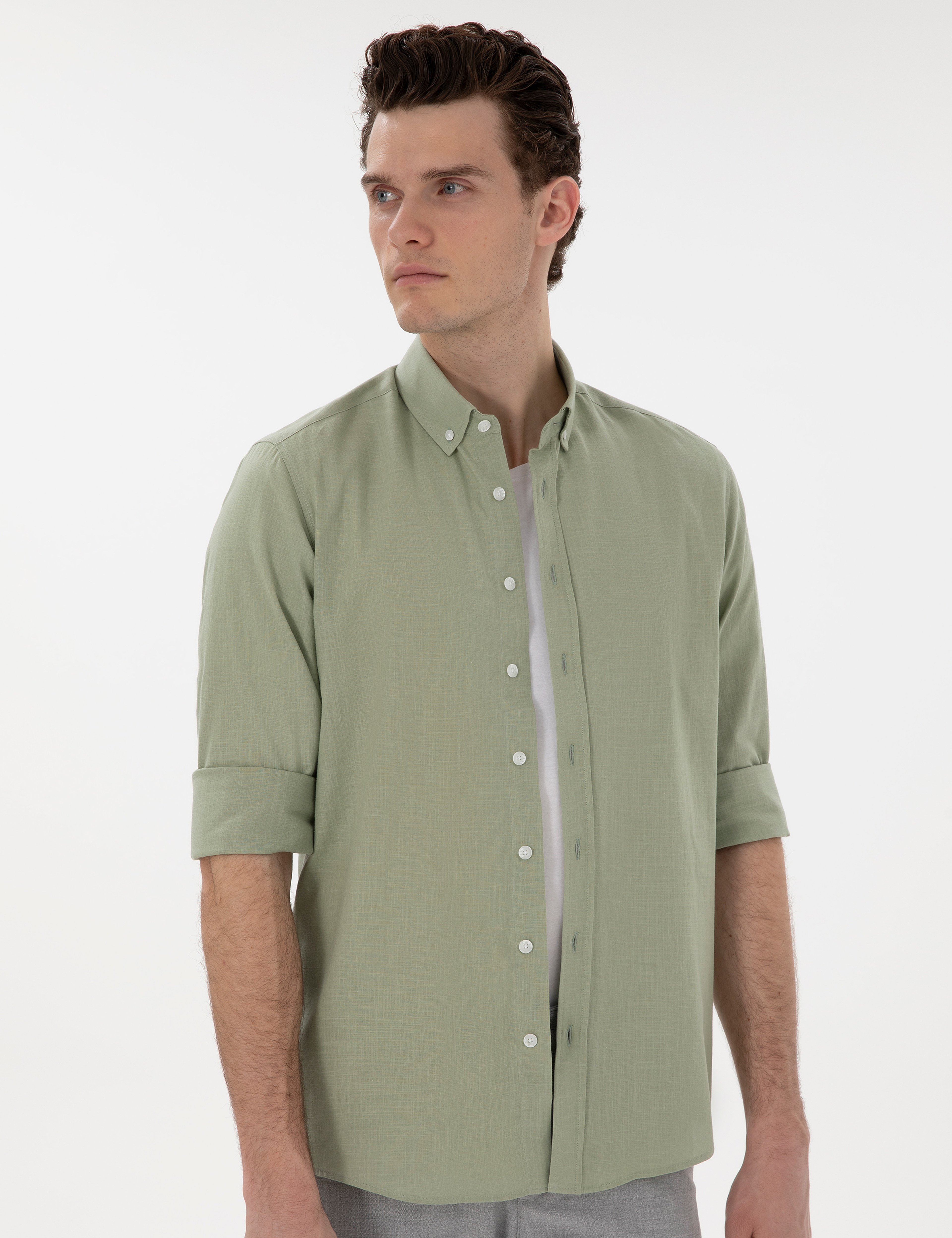 Çağla Slim Fit Keten Görünümlü Gömlek - Image 3