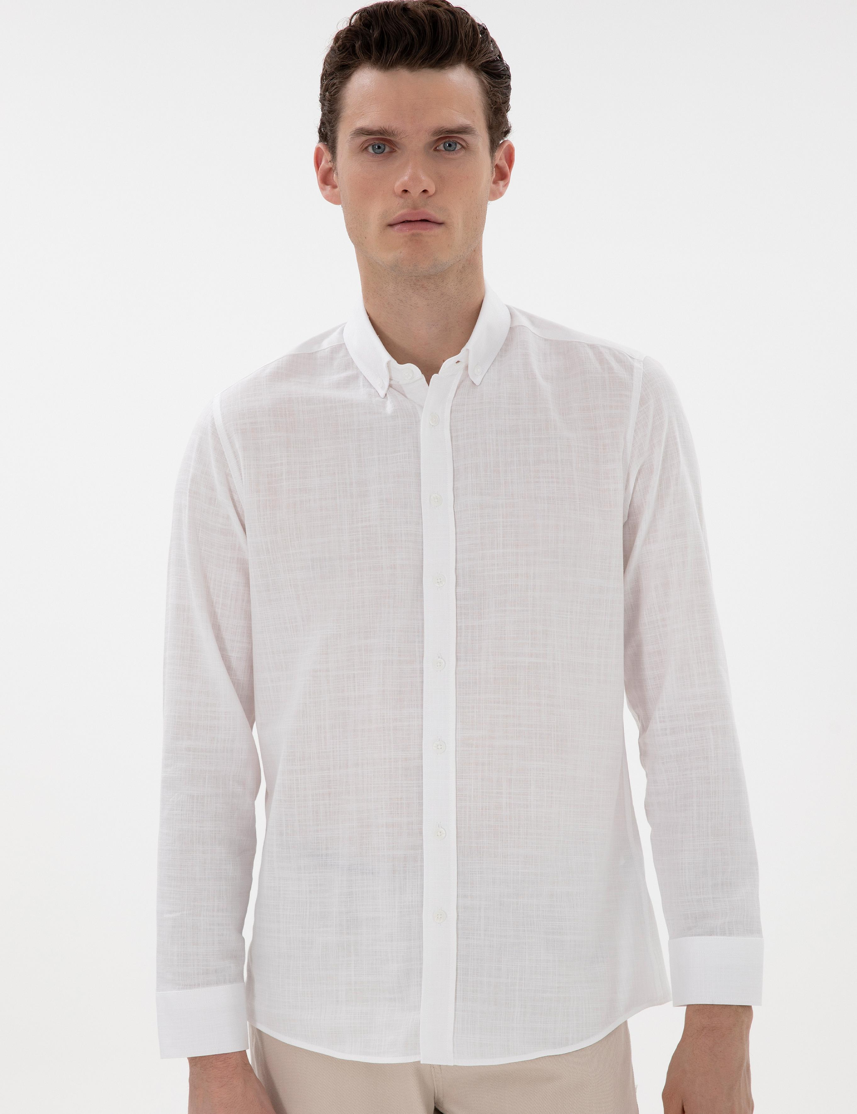 Beyaz Slim Fit Keten Görünümlü Gömlek