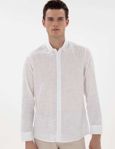 Beyaz Slim Fit Keten Görünümlü Gömlek
