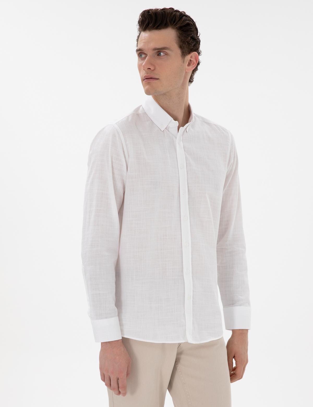 Beyaz Slim Fit Keten Görünümlü Gömlek