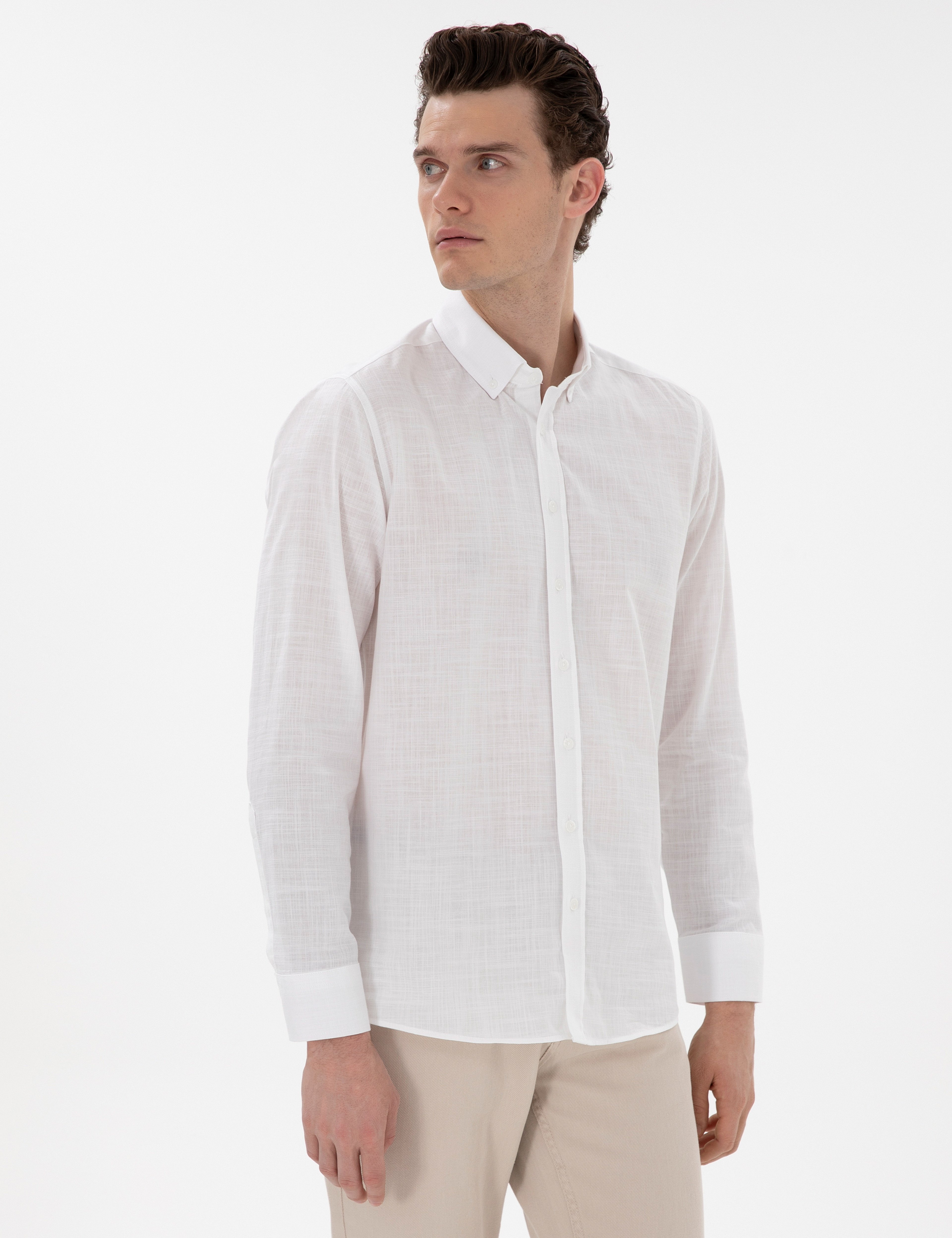 Beyaz Slim Fit Keten Görünümlü Gömlek - Image 1