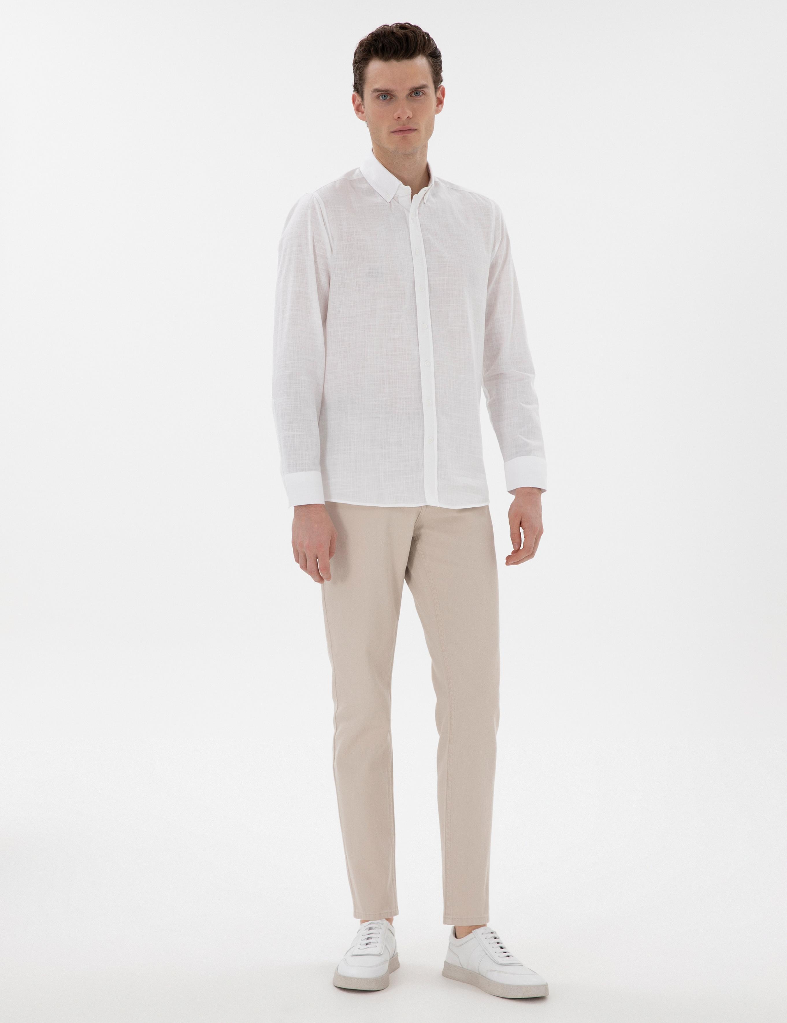 Beyaz Slim Fit Keten Görünümlü Gömlek