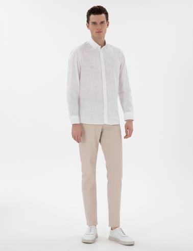 Beyaz Slim Fit Keten Görünümlü Gömlek