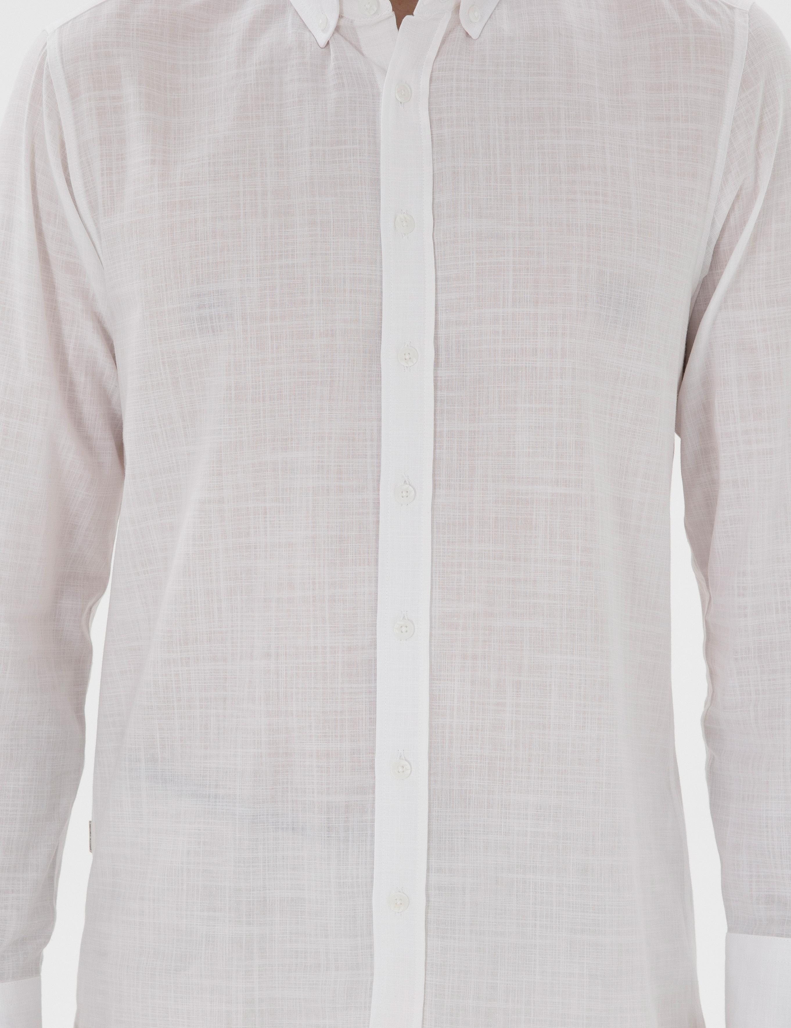 Beyaz Slim Fit Keten Görünümlü Gömlek