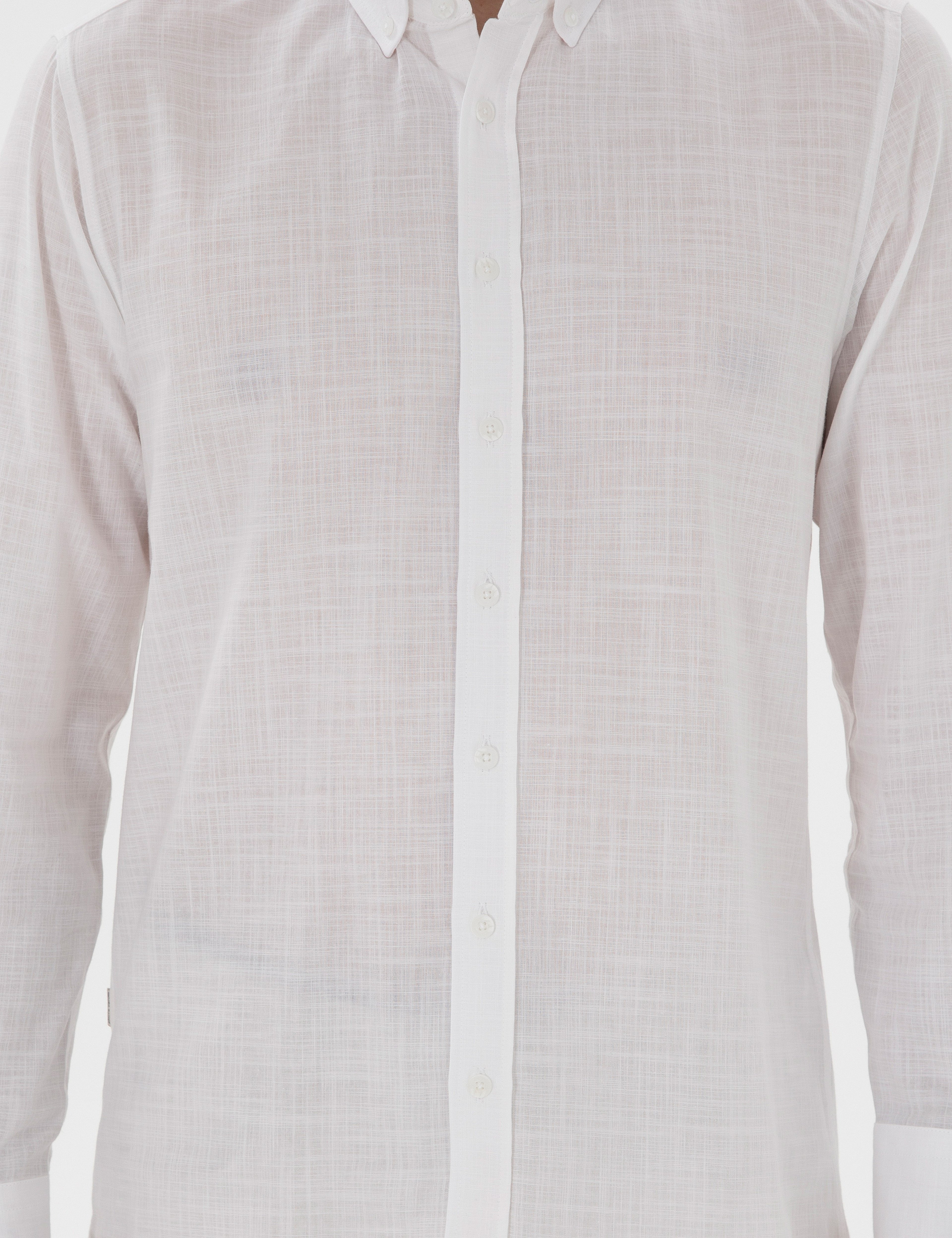 Beyaz Slim Fit Keten Görünümlü Gömlek