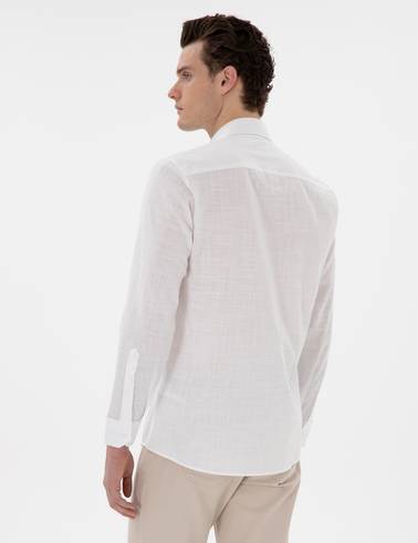 Beyaz Slim Fit Keten Görünümlü Gömlek