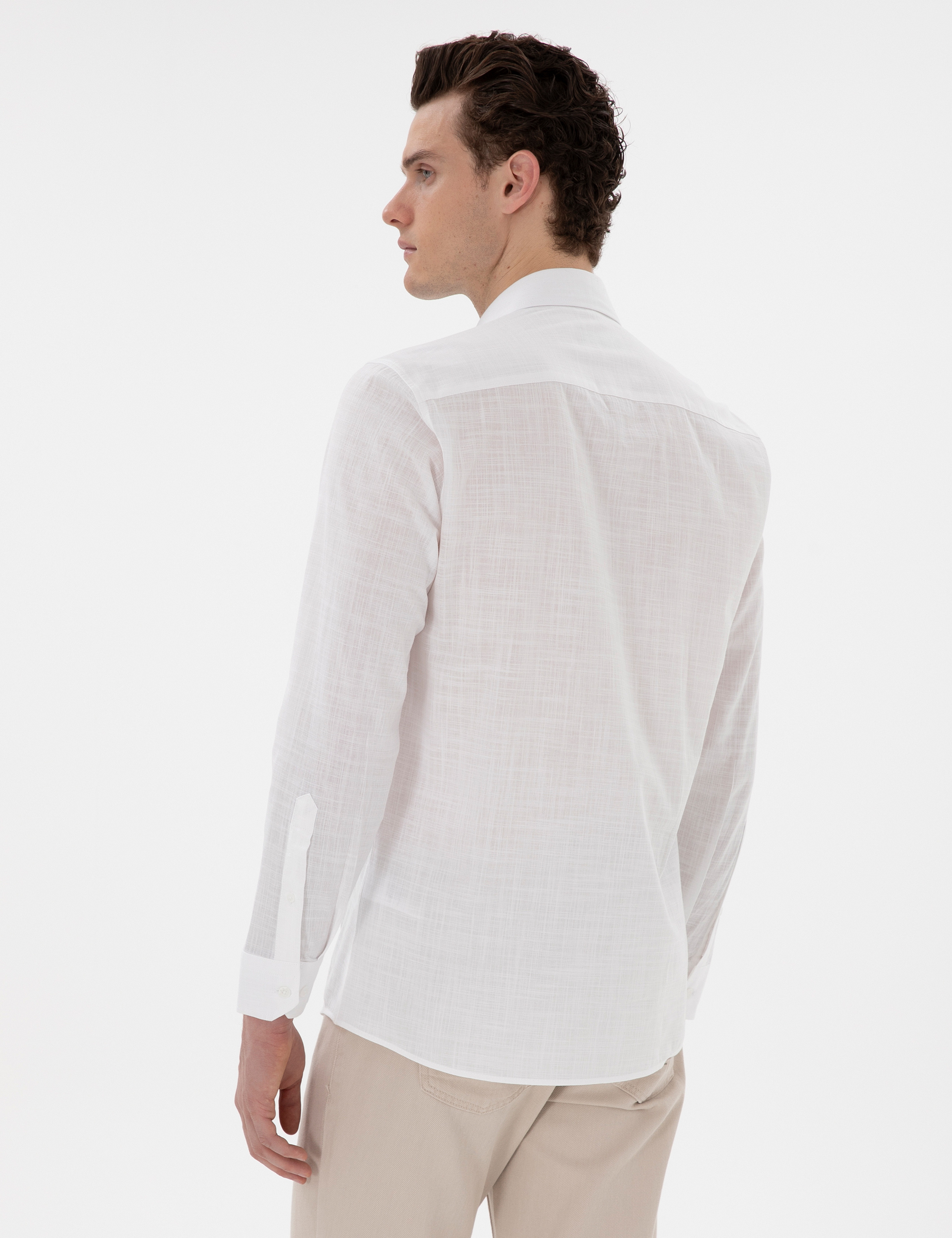 Beyaz Slim Fit Keten Görünümlü Gömlek - Image 5