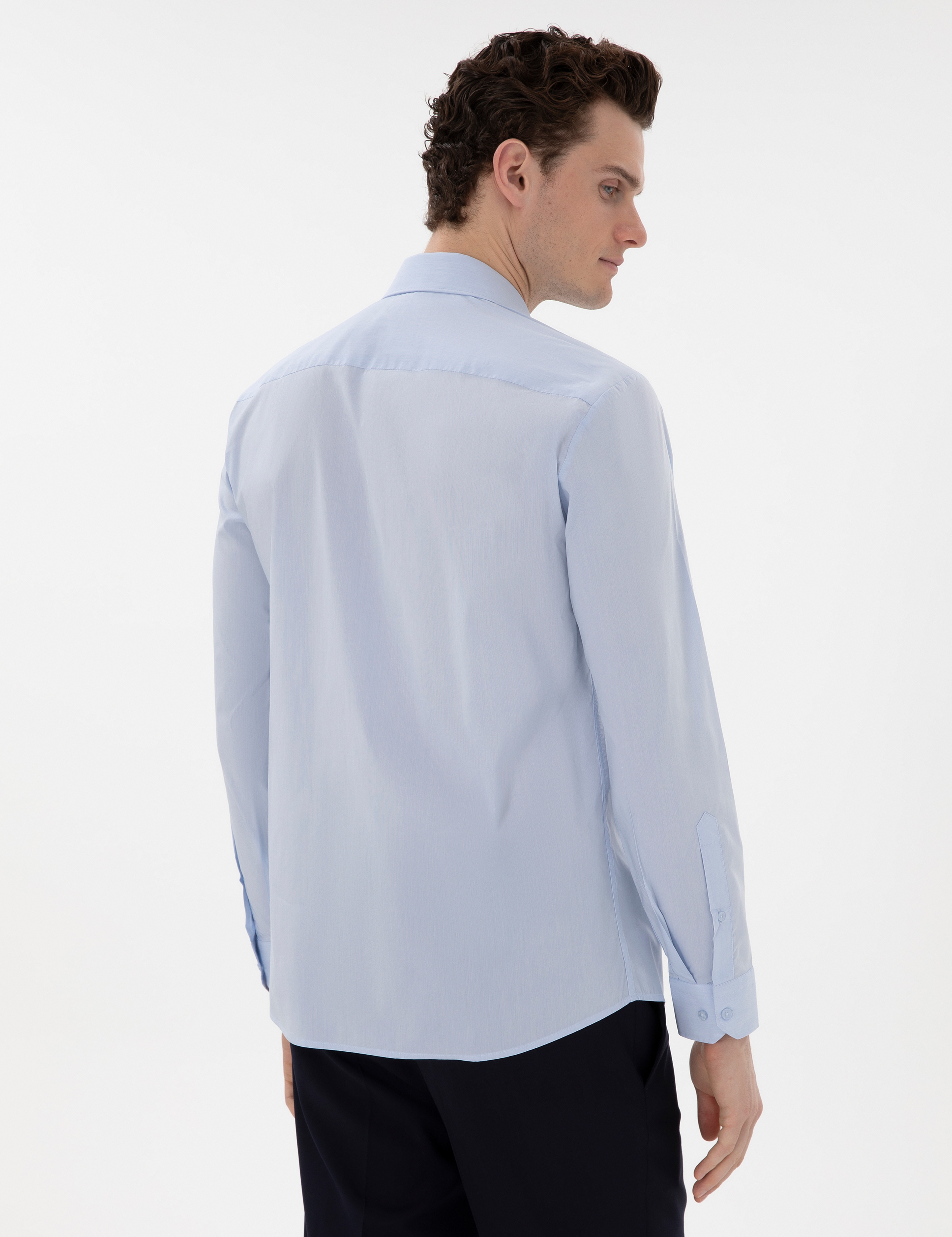 Açık Mavi Slim Fit Uzun Kollu Basic Gömlek - Image 5
