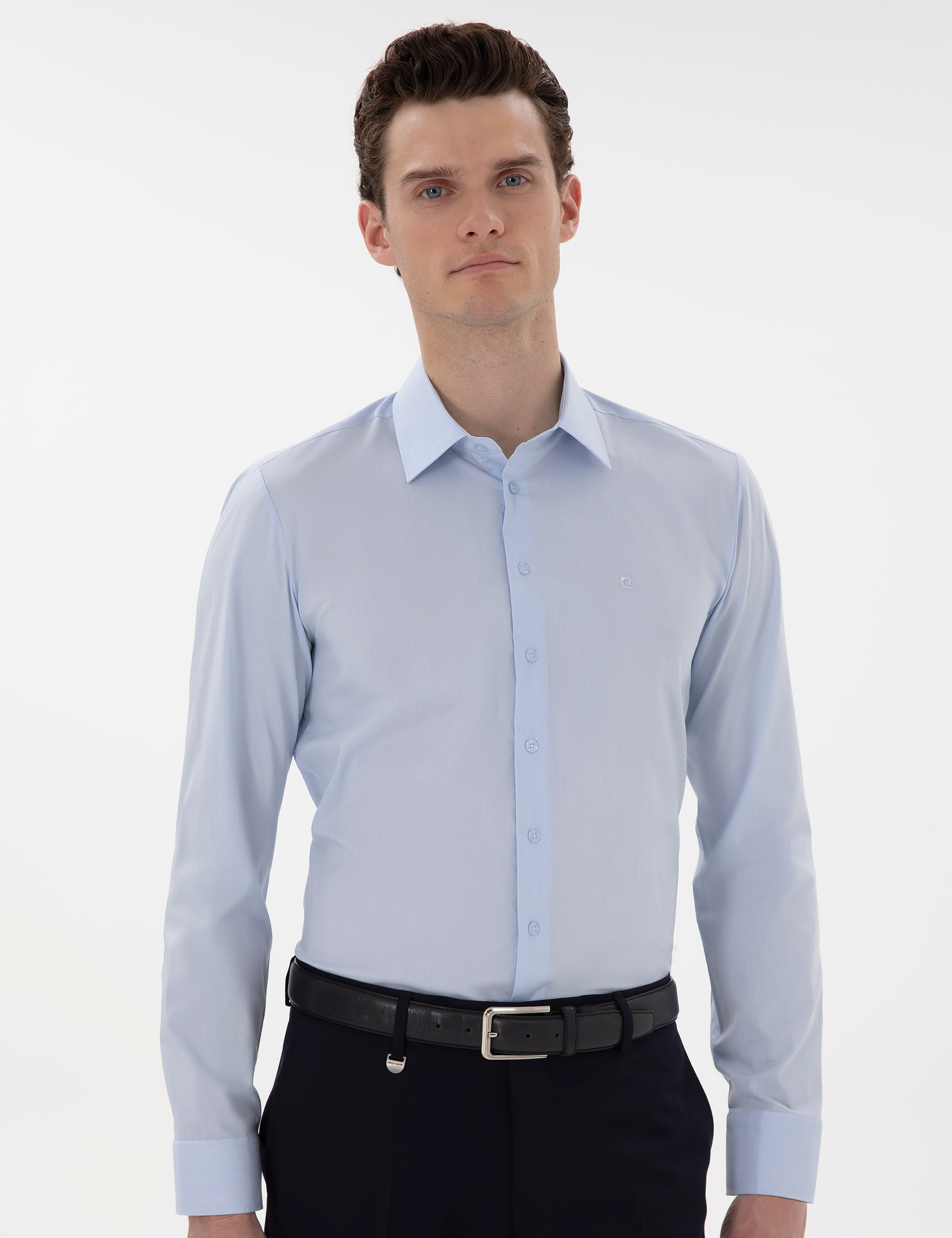Açık Mavi Slim Fit Uzun Kollu Basic Gömlek - Image 3