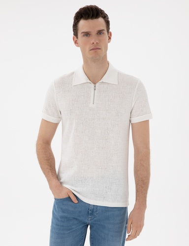 Ekru Slim Fit Fermuarlı Polo Yaka Tişört