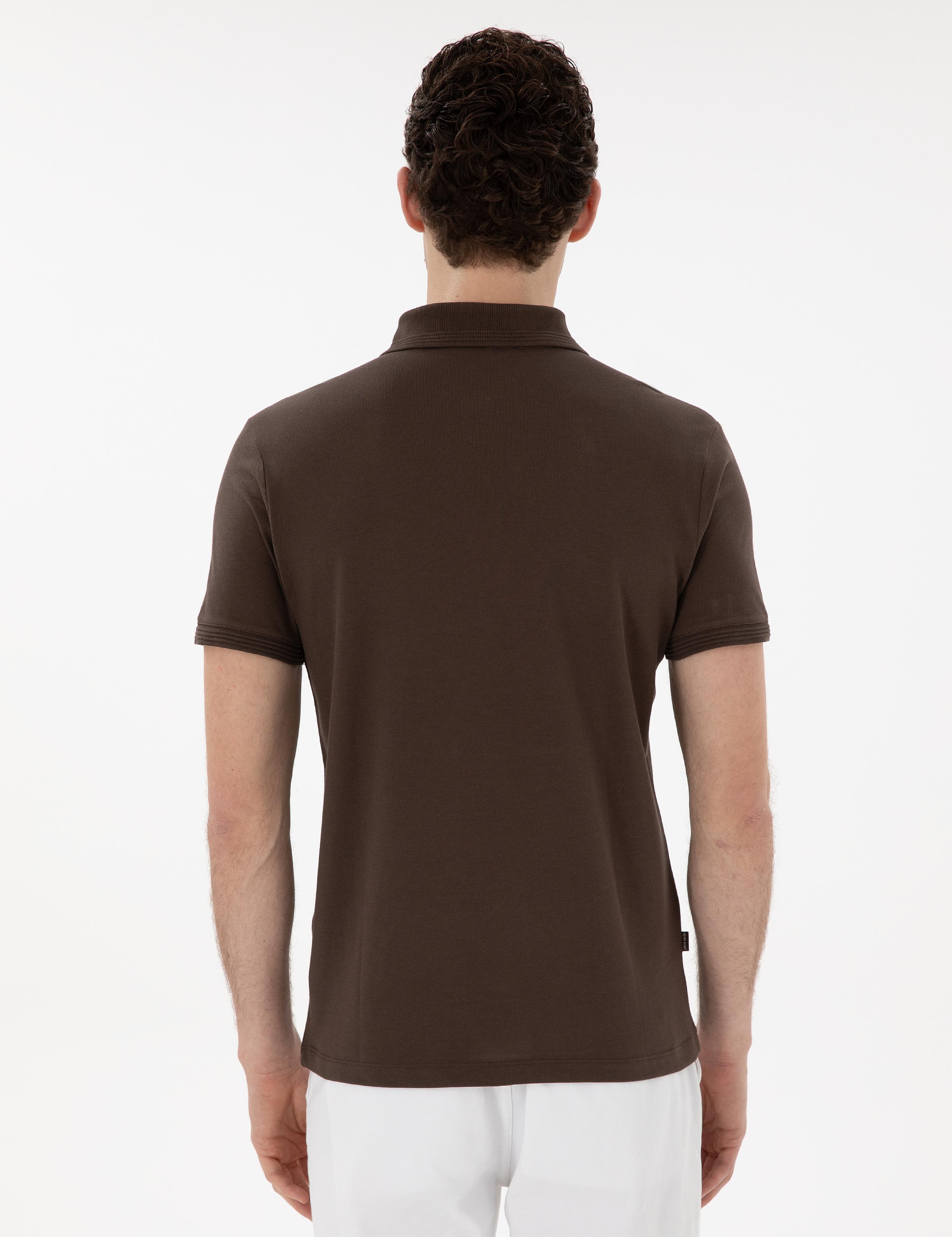 Kahverengi Slim Fit Kıvrılmaz Polo Yaka Basic Tişört
