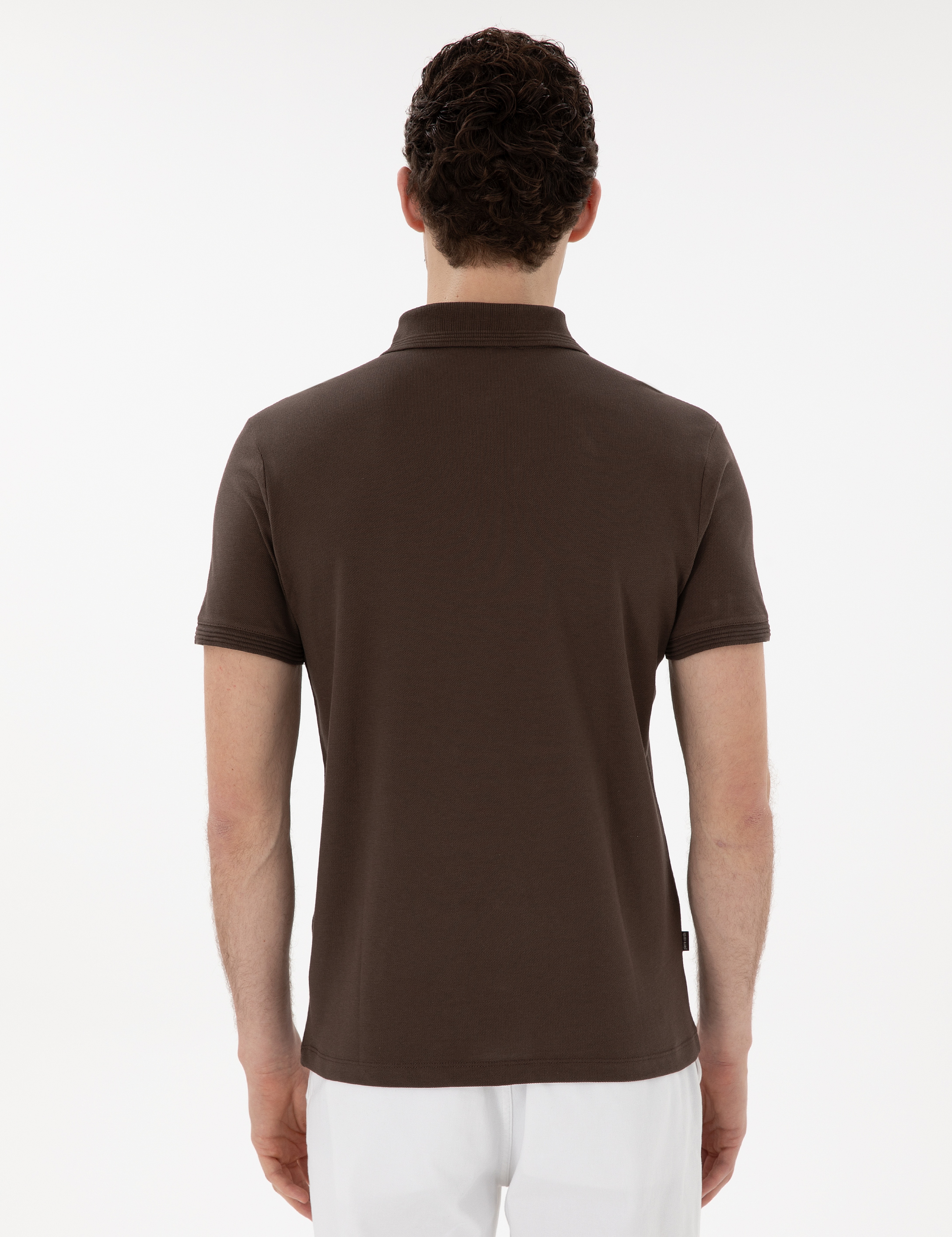 Kahverengi Slim Fit %100 Pamuk Kıvrılmaz Düğmeli Polo Yaka Basic Tişört