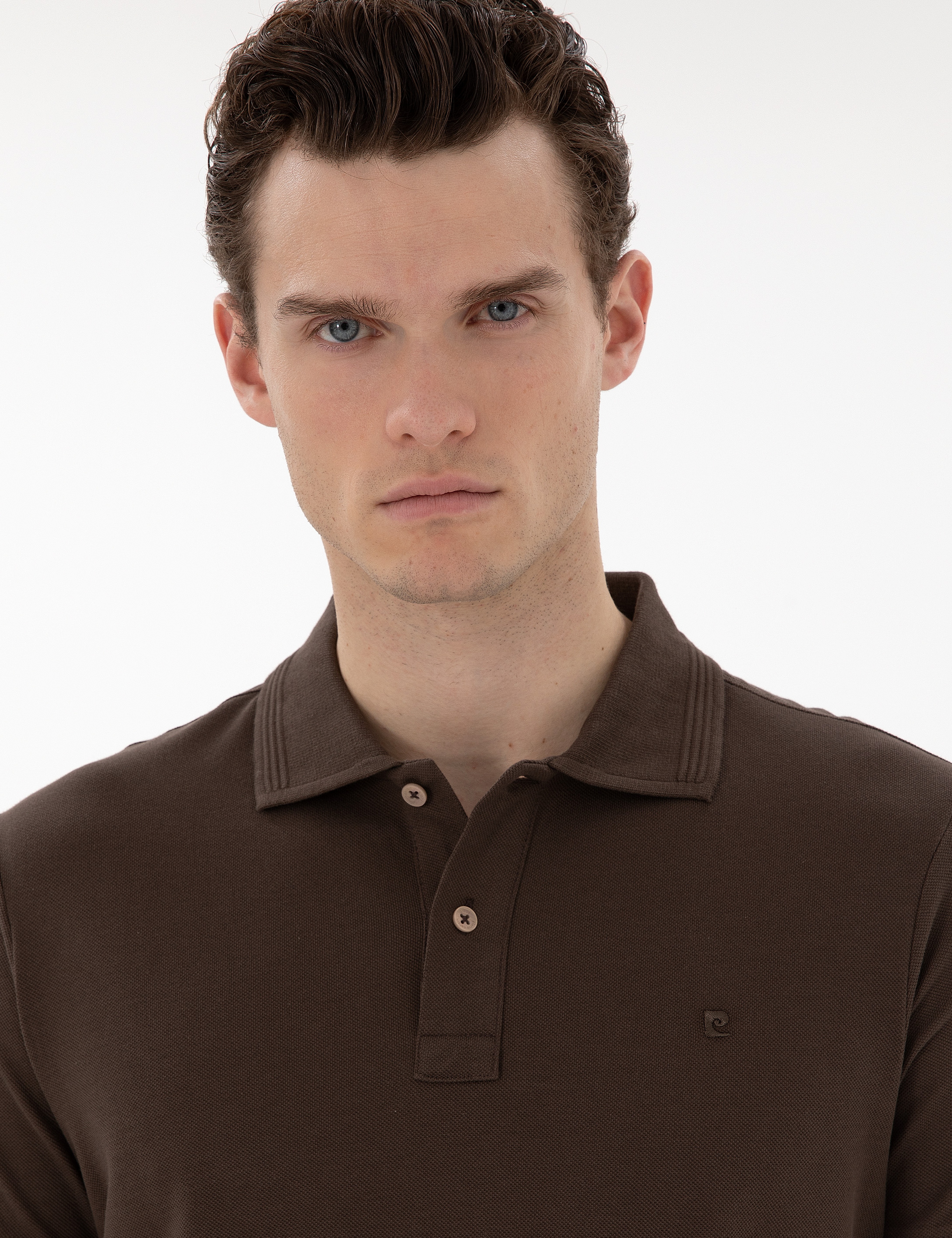 Kahverengi Slim Fit %100 Pamuk Kıvrılmaz Düğmeli Polo Yaka Basic Tişört