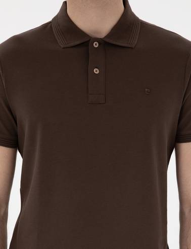 Kahverengi Slim Fit Kıvrılmaz Polo Yaka Basic Tişört