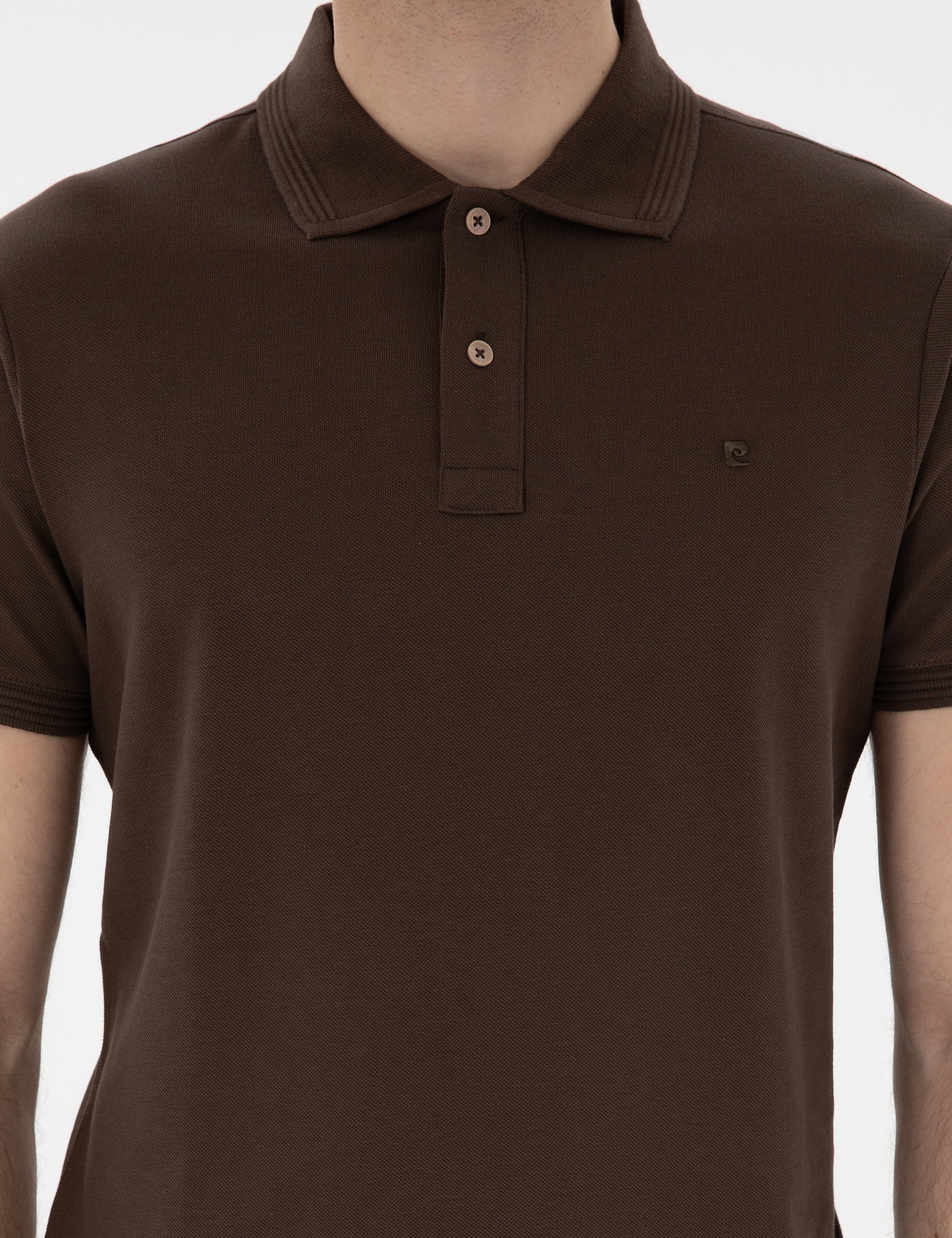 Kahverengi Slim Fit %100 Pamuk Kıvrılmaz Düğmeli Polo Yaka Basic Tişört