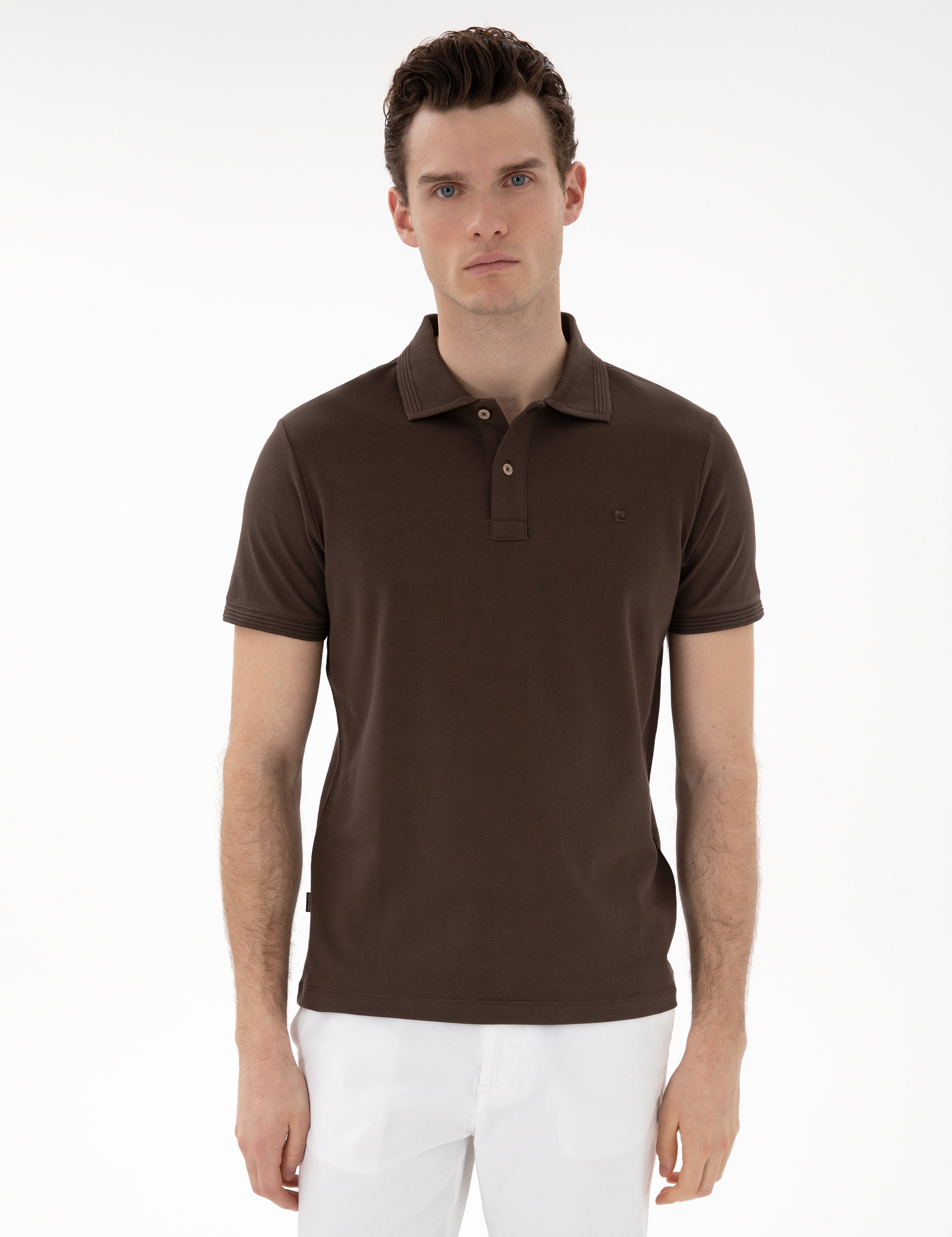 Kahverengi Slim Fit %100 Pamuk Kıvrılmaz Düğmeli Polo Yaka Basic Tişört - Image 1