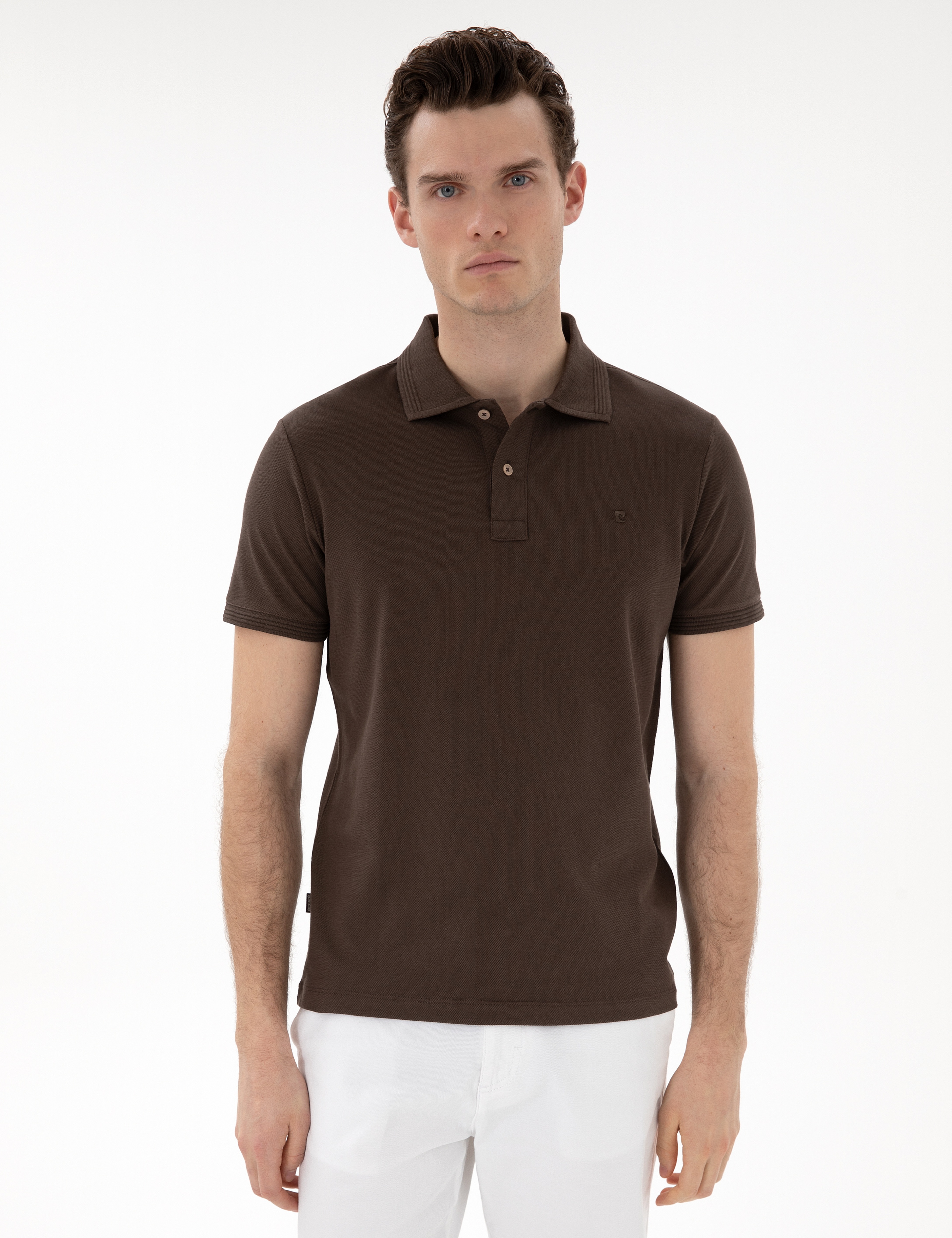 Kahverengi Slim Fit %100 Pamuk Kıvrılmaz Düğmeli Polo Yaka Basic Tişört
