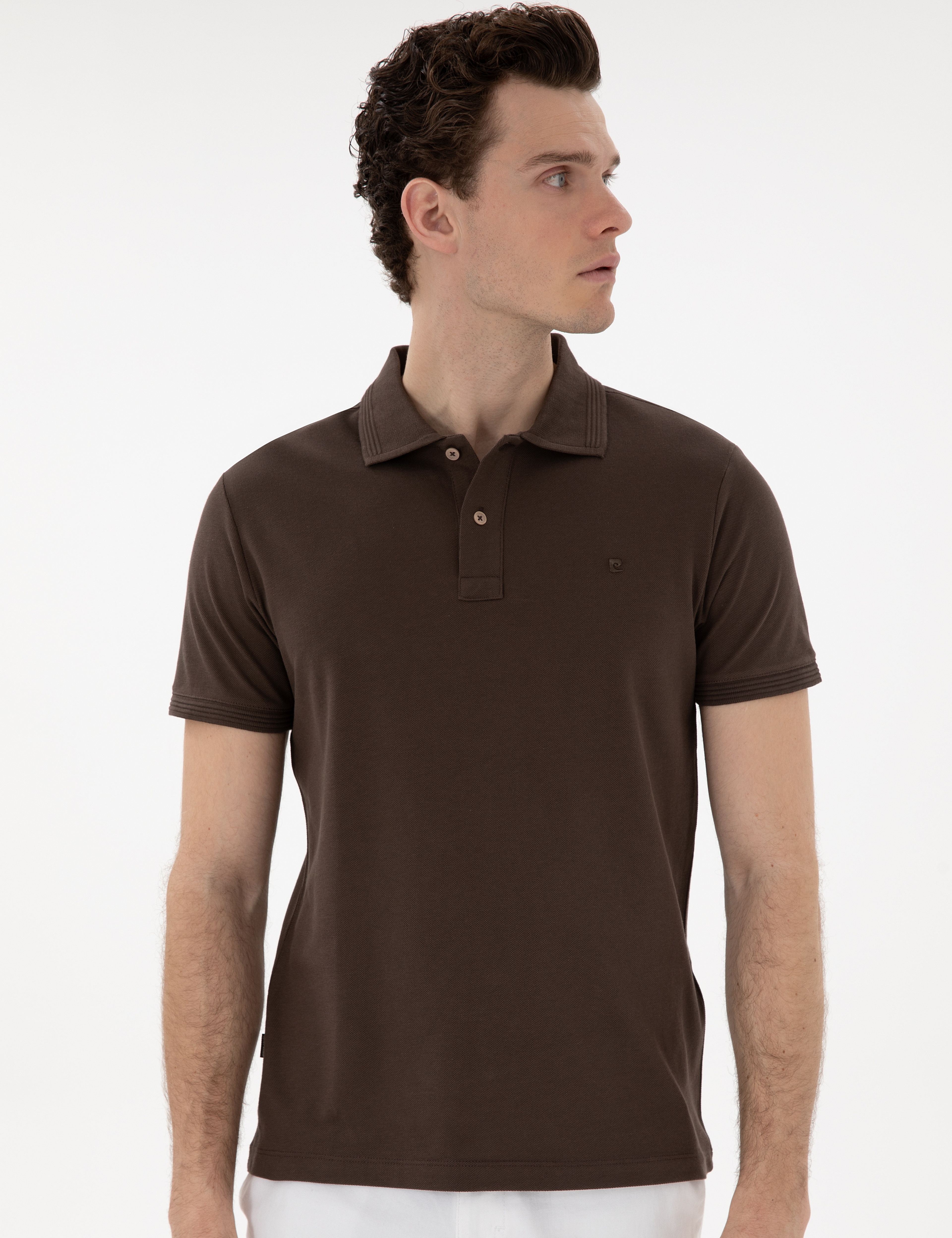 Kahverengi Slim Fit %100 Pamuk Kıvrılmaz Düğmeli Polo Yaka Basic Tişört - Image 3