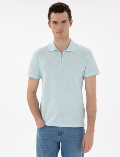 Su Yeşili Slim Fit Fermuarlı Polo Yaka Tişört