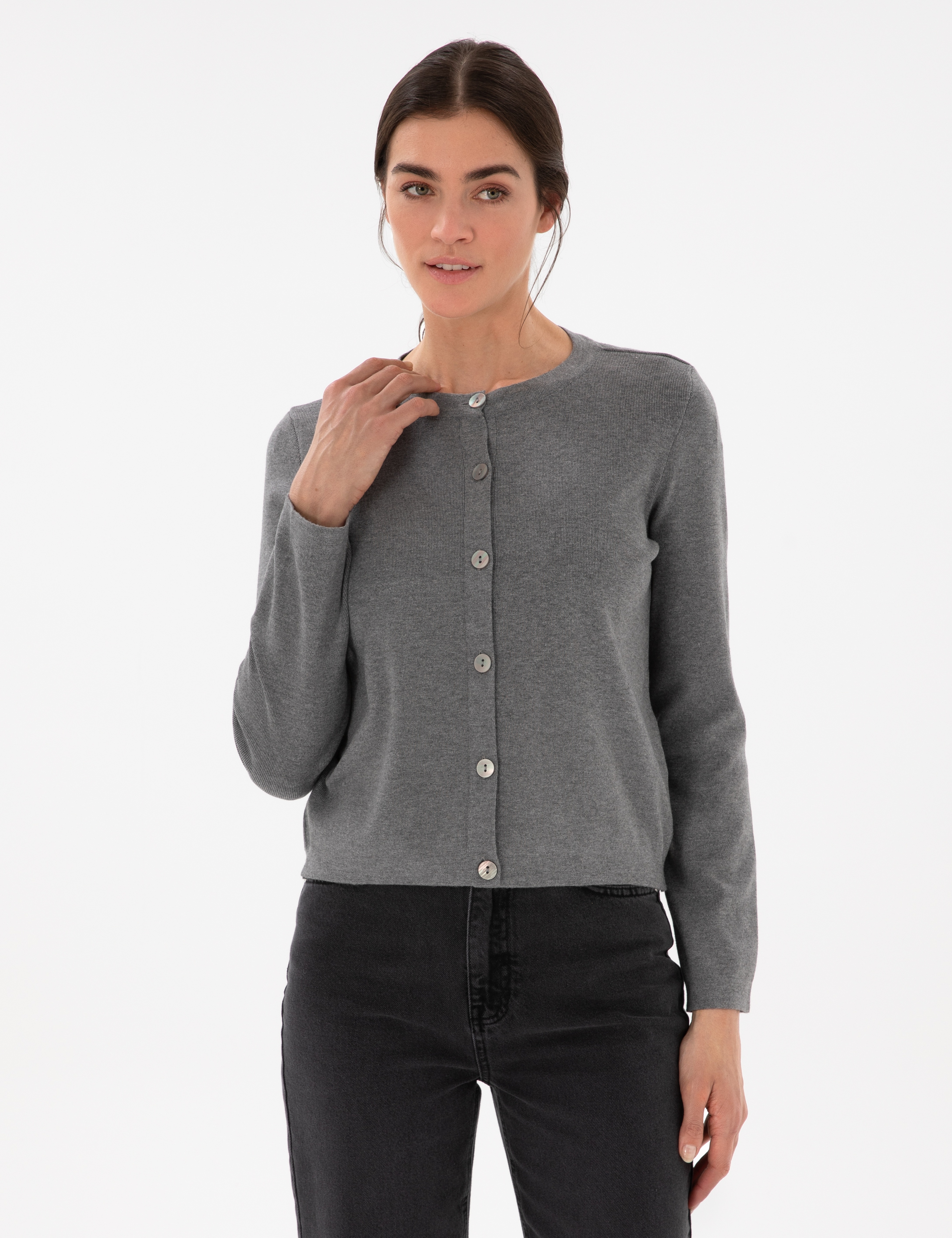 Gri Melanj Slim Fit Triko Hırka - Image 1