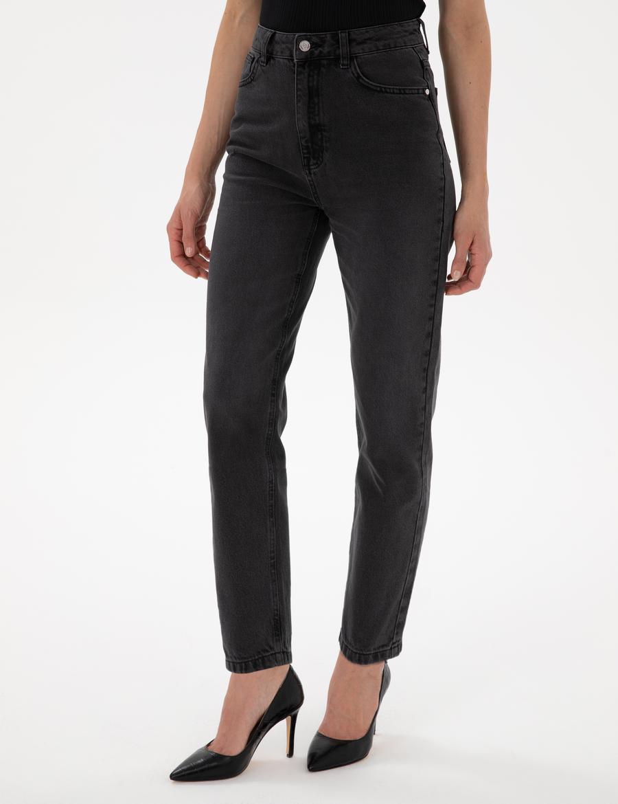 Antrasit Mom High Waist Fit Jean Pantolon