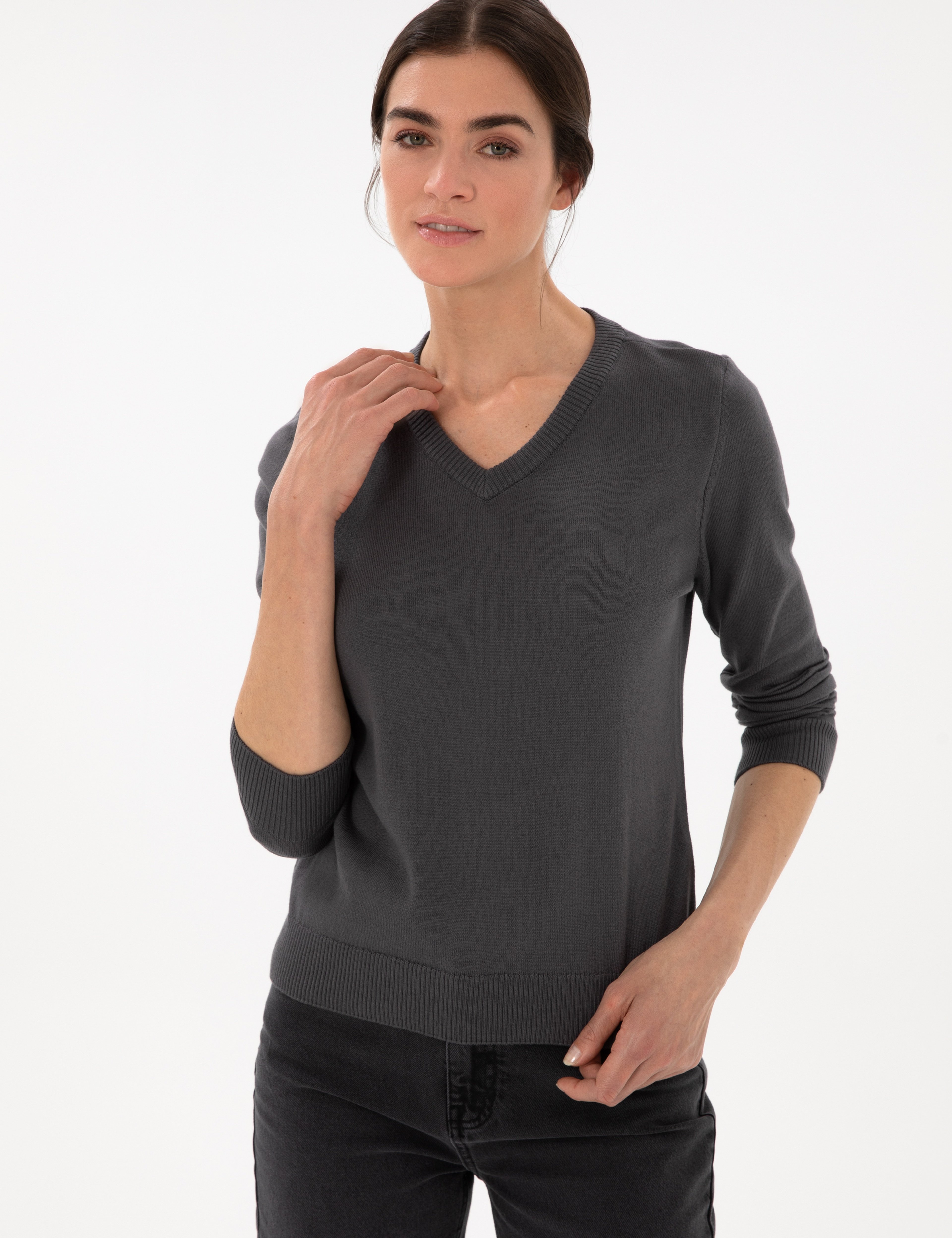 Antrasit Slim Fit V Yaka Basic Kazak - Image 3