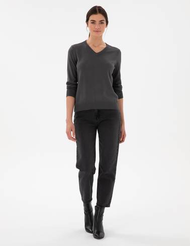 Antrasit Slim Fit V Yaka Basic Kazak