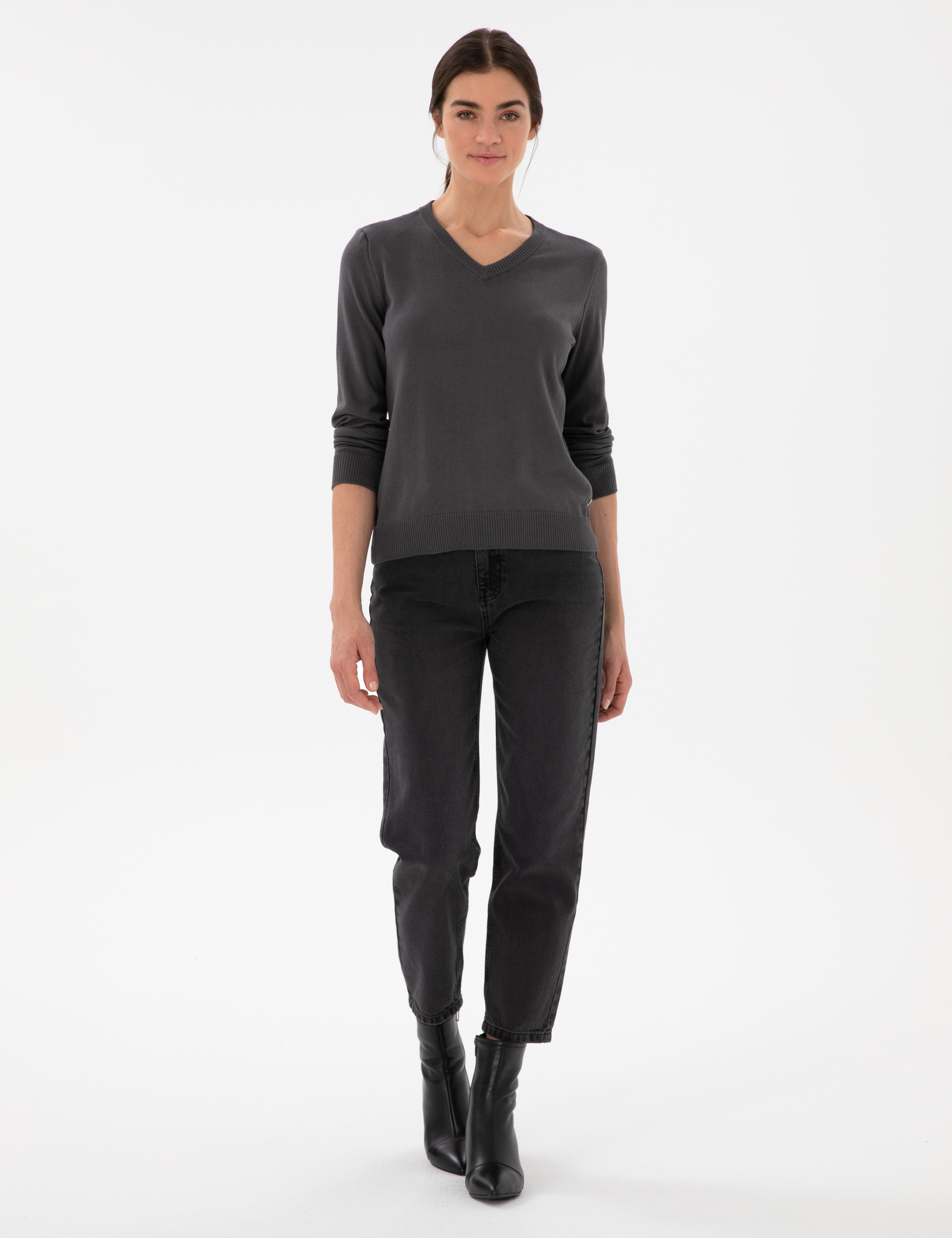 Antrasit Slim Fit V Yaka Basic Kazak - Image 4