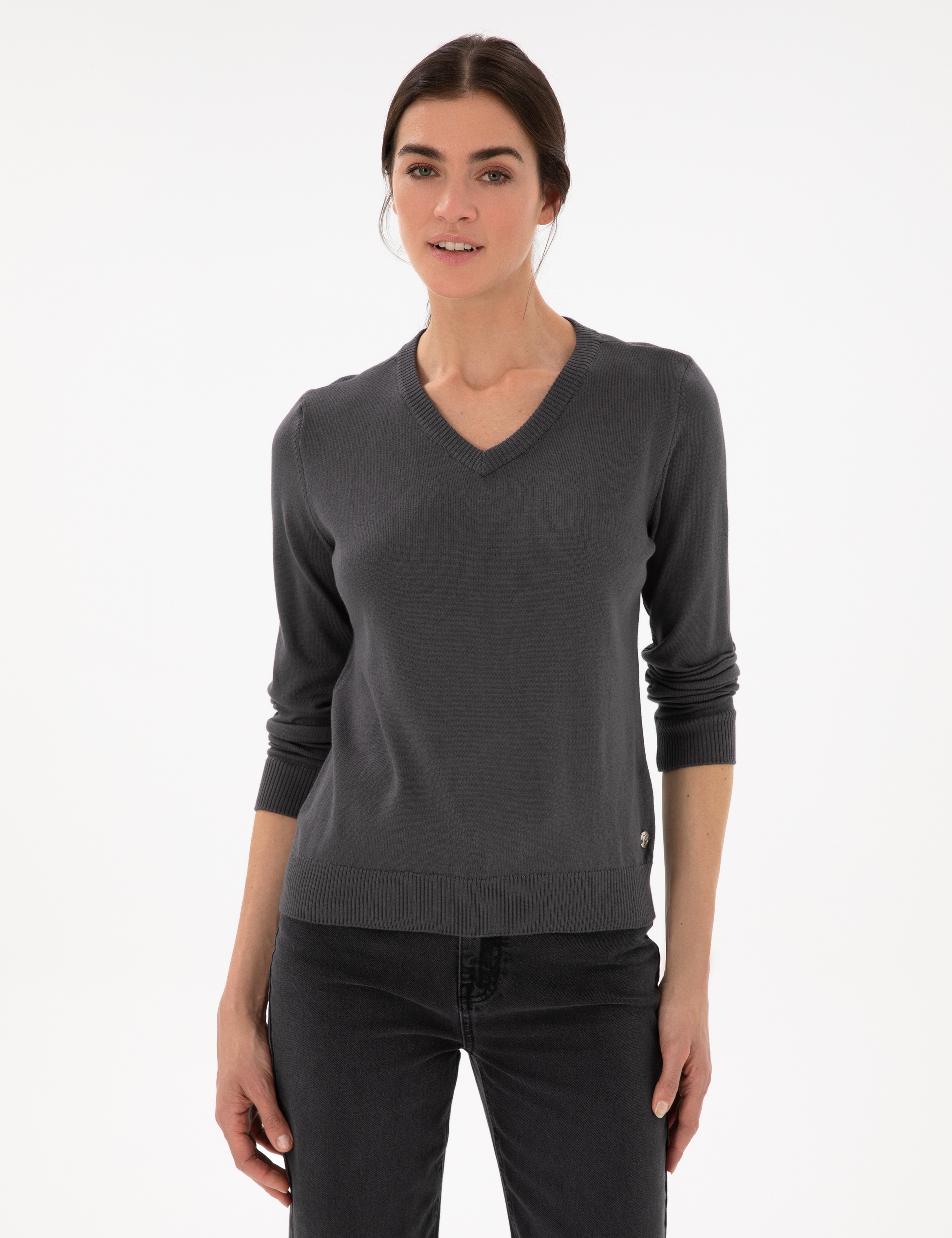 Antrasit Slim Fit V Yaka Basic Kazak - Image 1