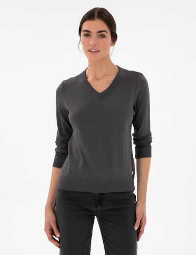Antrasit Slim Fit V Yaka Basic Kazak