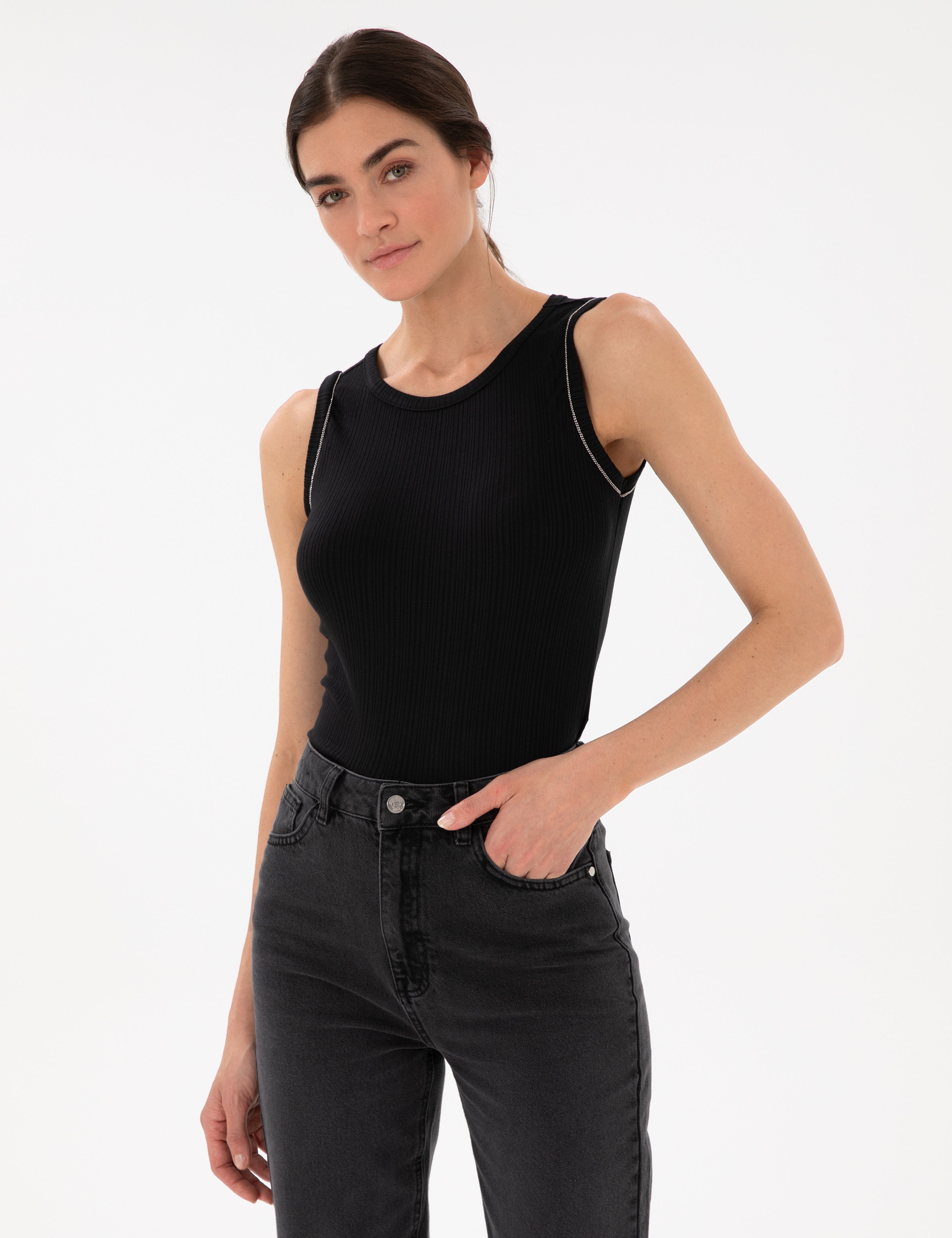 Siyah Extra Slim Fit Örme Bluz - Image 1