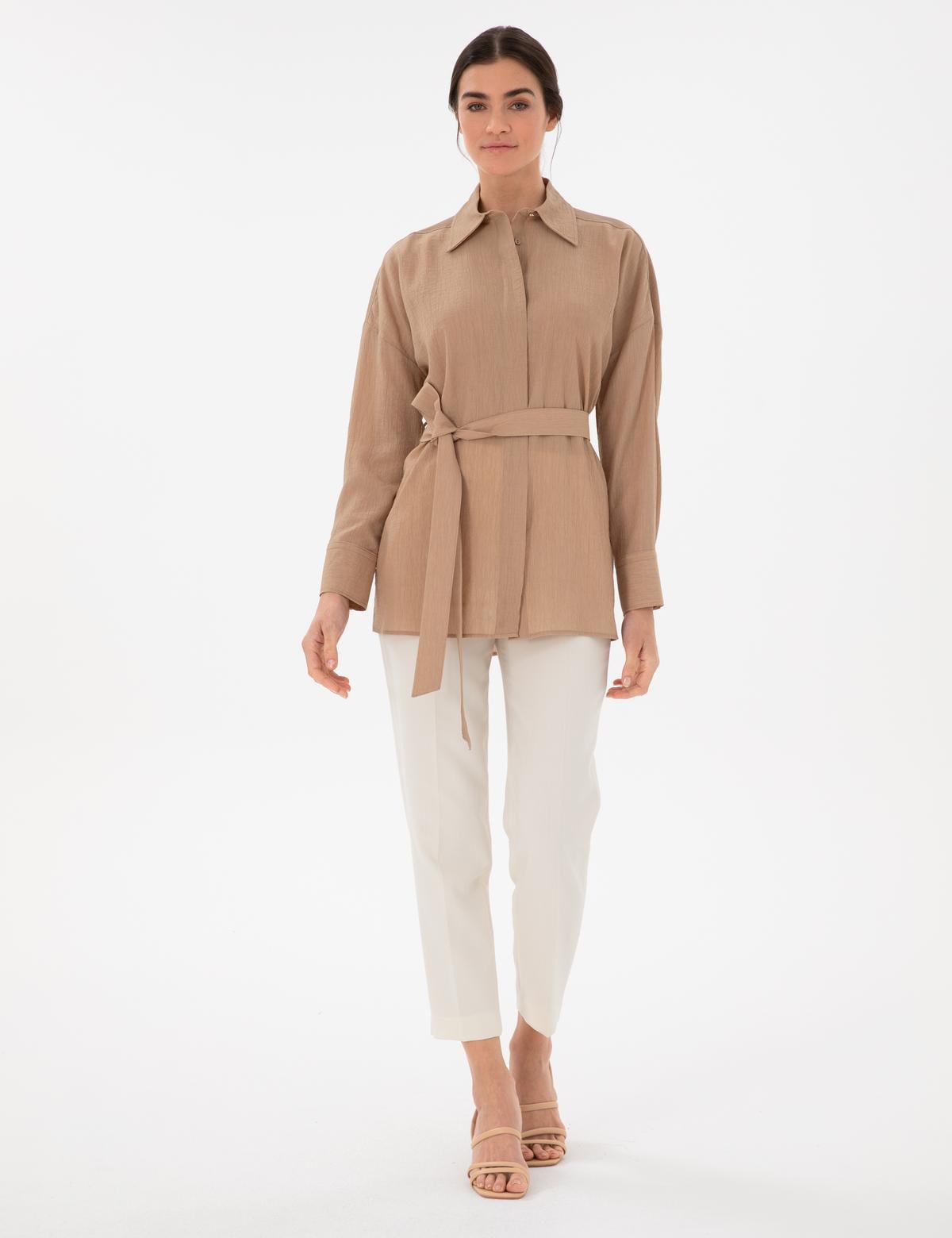 Bej Oversize Uzun Kollu Gömlek - 50306501001