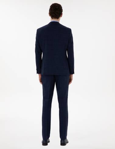 Lacivert Slim Fit Yün Keten Karışımlı Takım Elbise