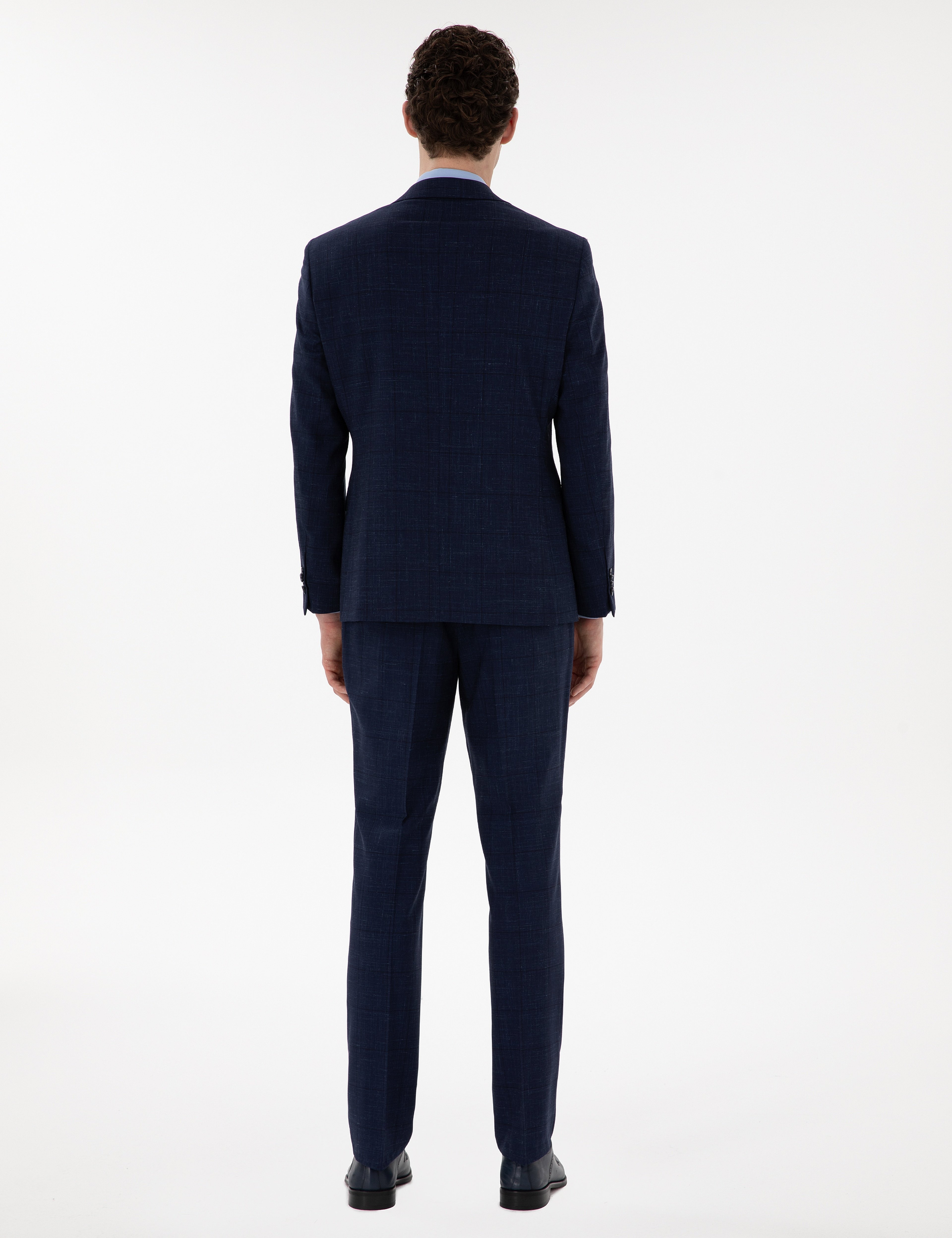 Lacivert Slim Fit Yün Keten Karışımlı Takım Elbise