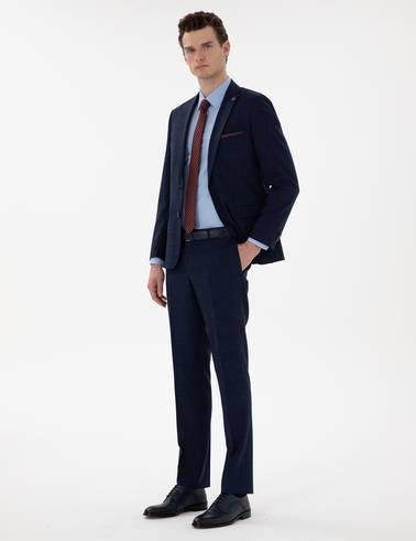 Lacivert Slim Fit Yün Keten Karışımlı Takım Elbise