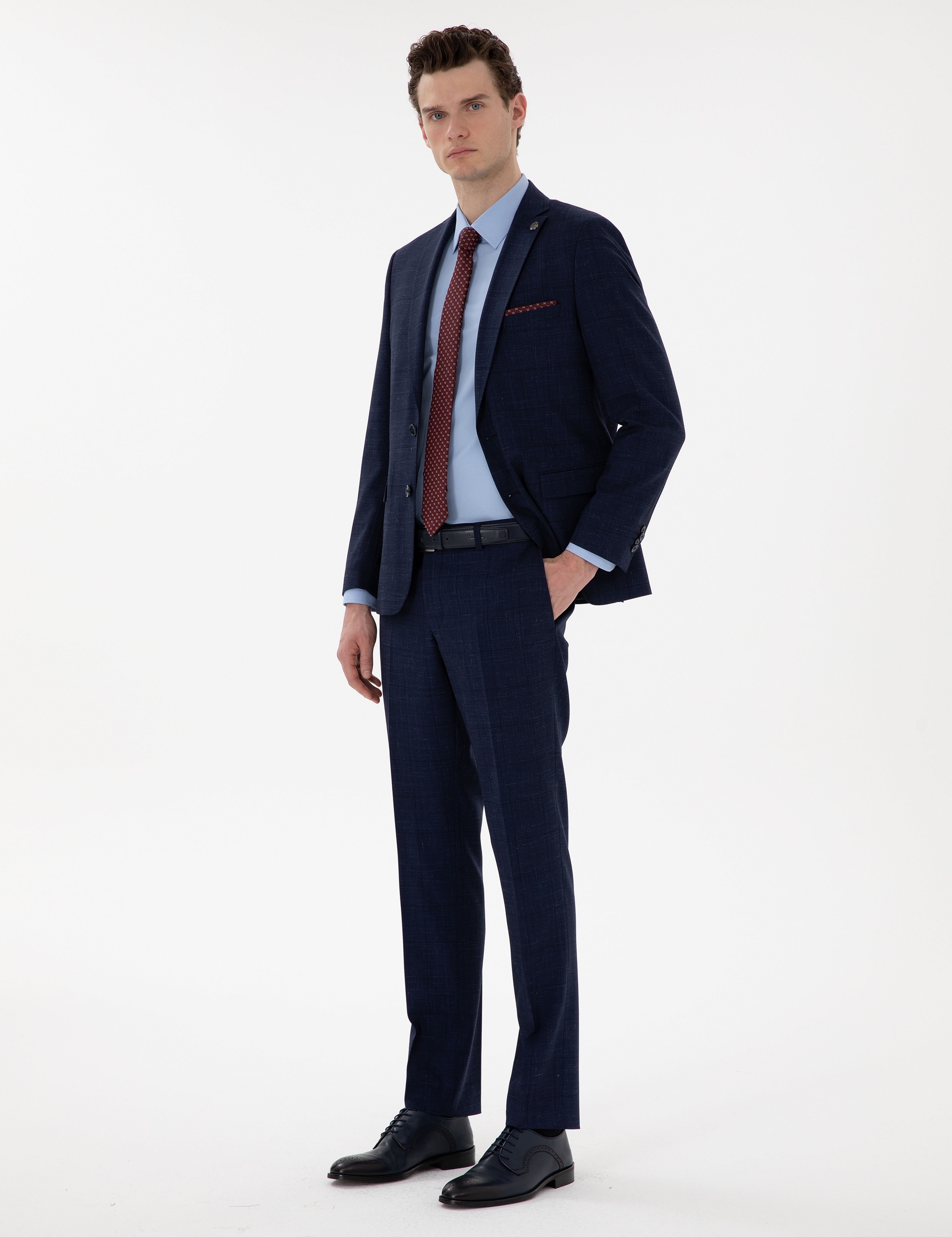 Lacivert Slim Fit Yün Keten Karışımlı Takım Elbise - Image 4