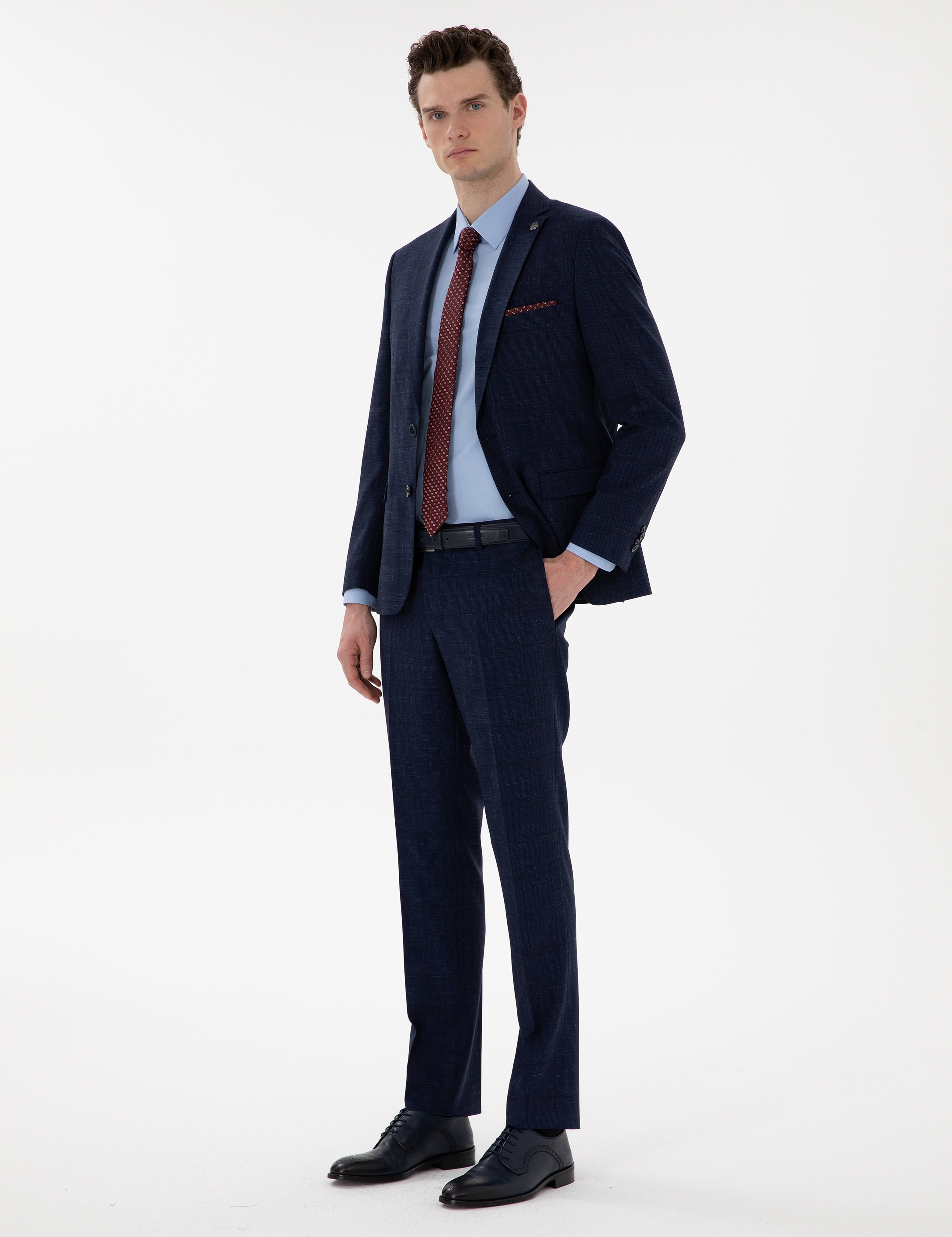 Lacivert Slim Fit Yün Keten Karışımlı Takım Elbise
