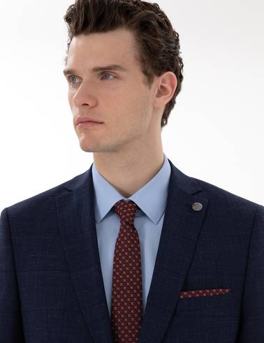 Lacivert Slim Fit Yün Keten Karışımlı Takım Elbise