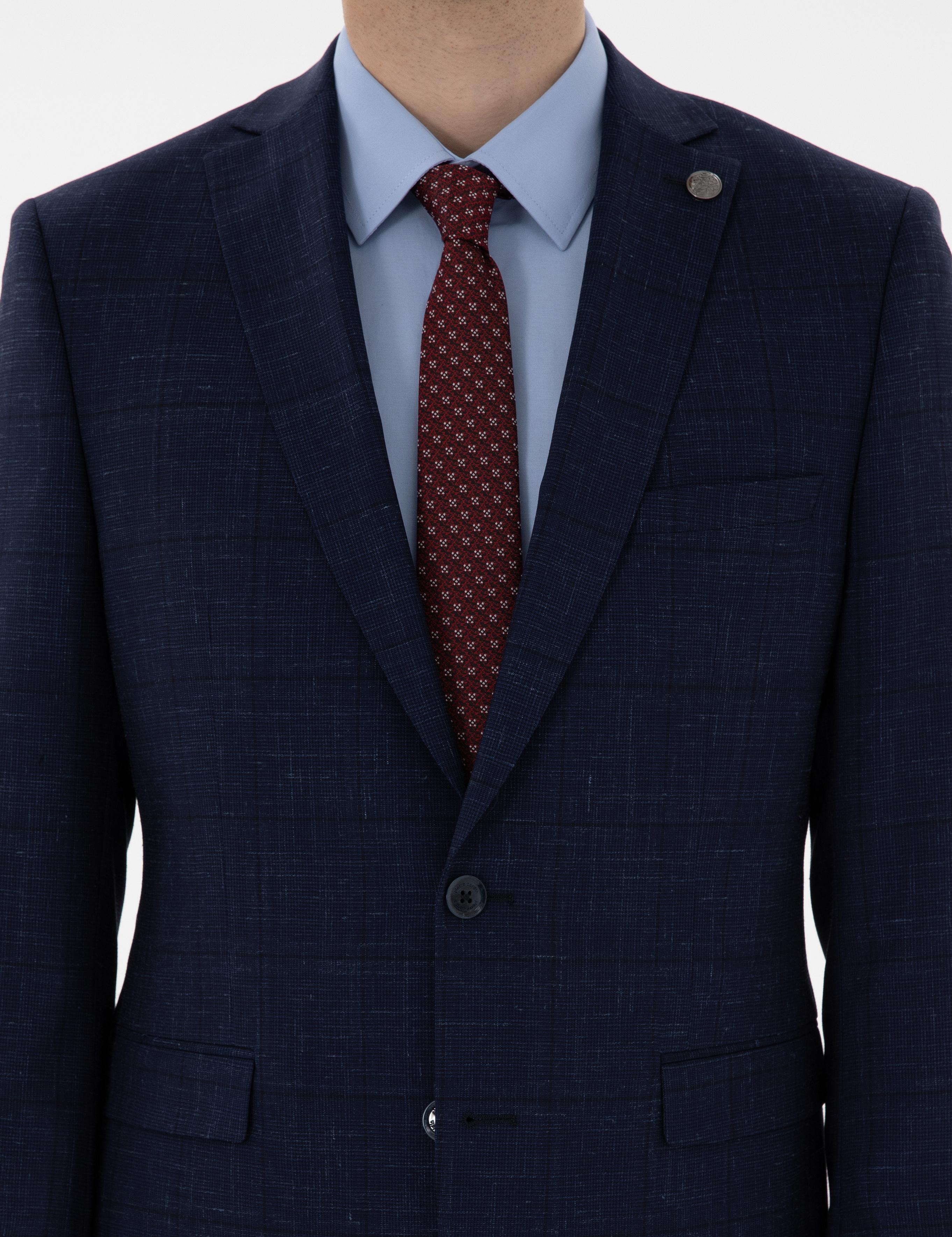 Lacivert Slim Fit Yün Keten Karışımlı Takım Elbise