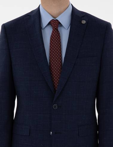 Lacivert Slim Fit Yün Keten Karışımlı Takım Elbise