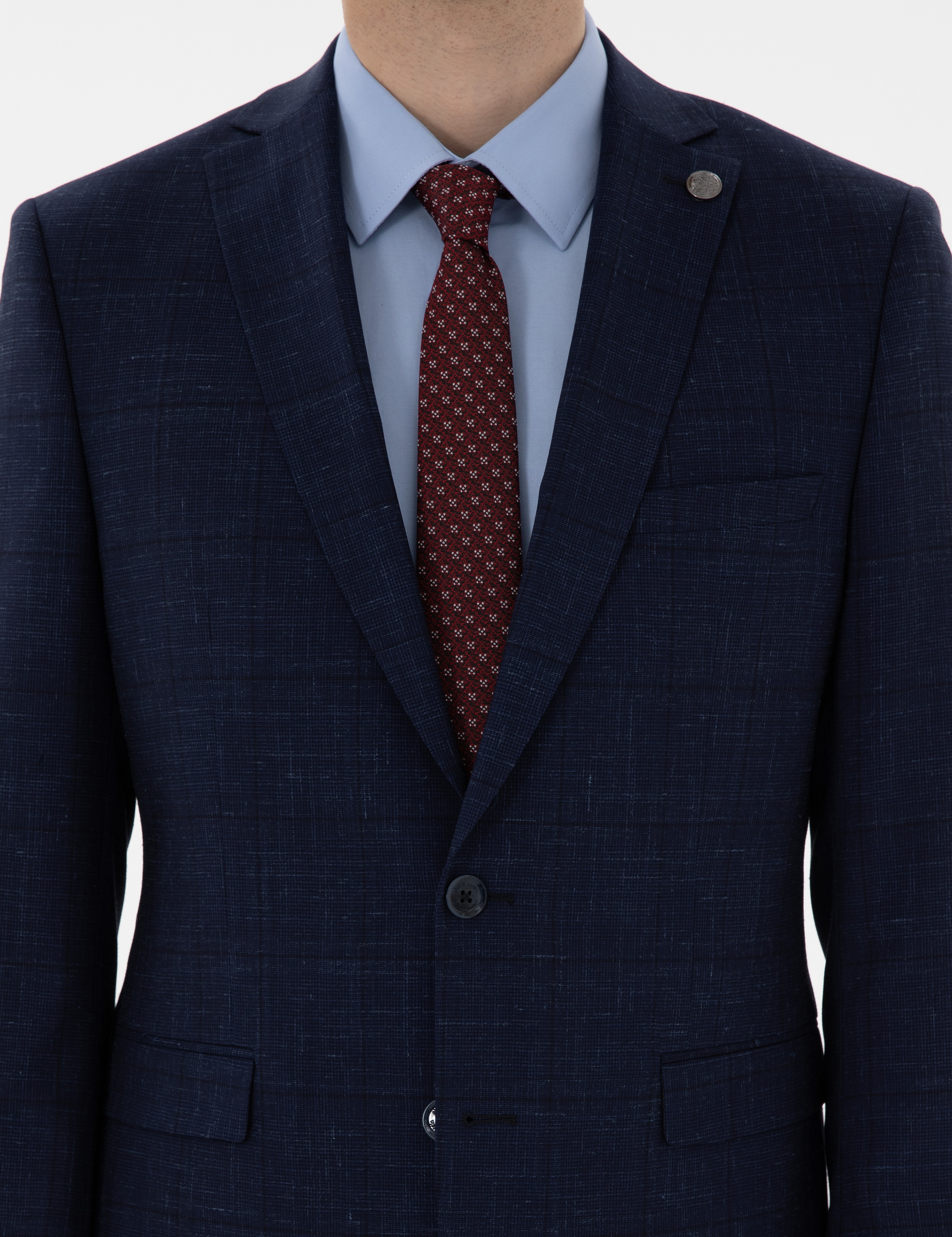 Lacivert Slim Fit Yün Keten Karışımlı Takım Elbise - Image 7