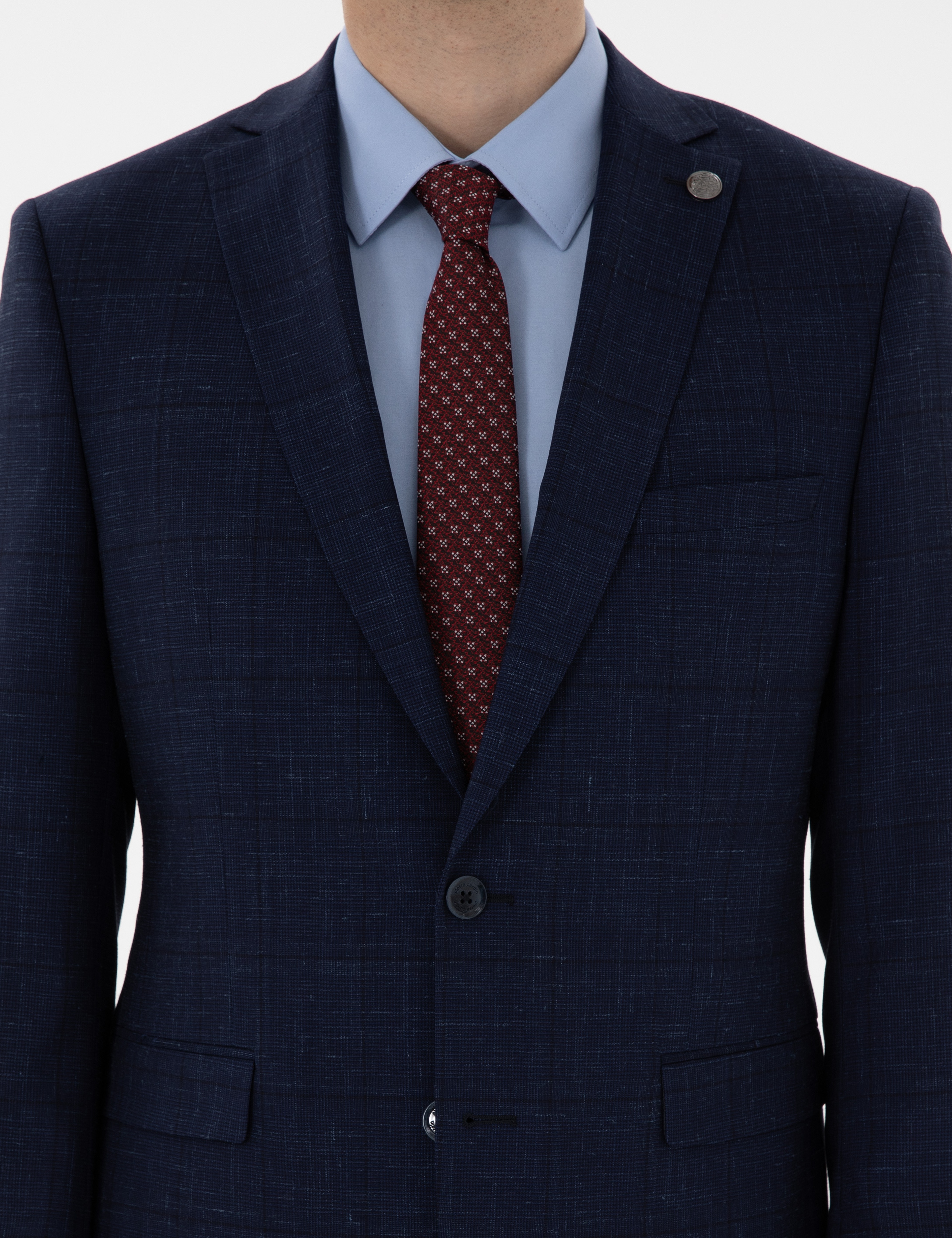 Lacivert Slim Fit Yün Keten Karışımlı Takım Elbise