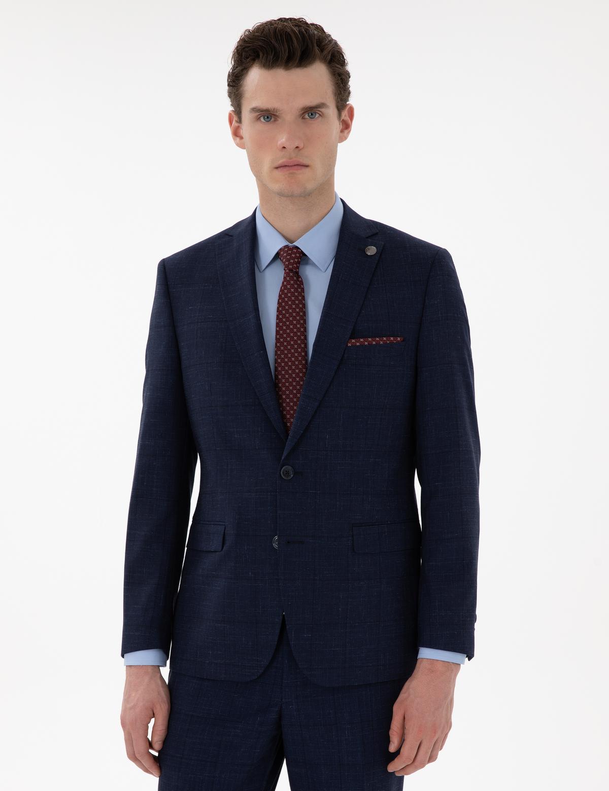 Lacivert Slim Fit Yün Keten Karışımlı Takım Elbise - 50302242062